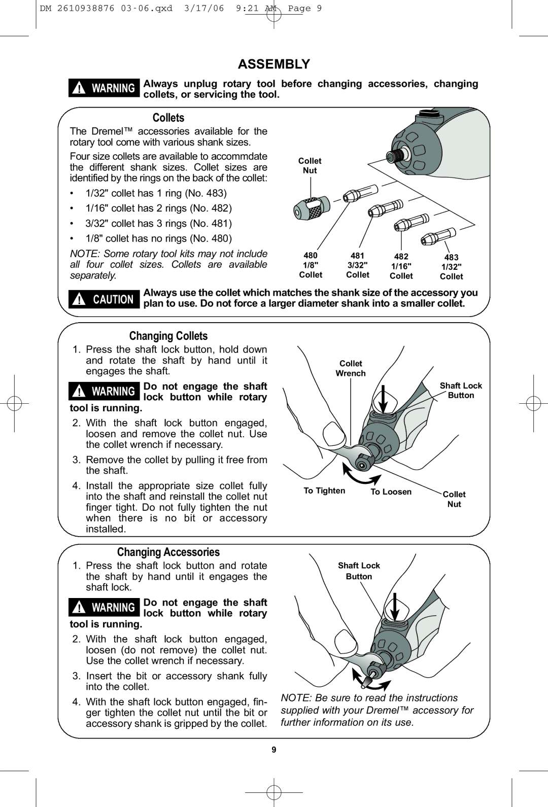 Dremel 03-5415317 manual Assembly, Changing Collets, Changing Accessories 