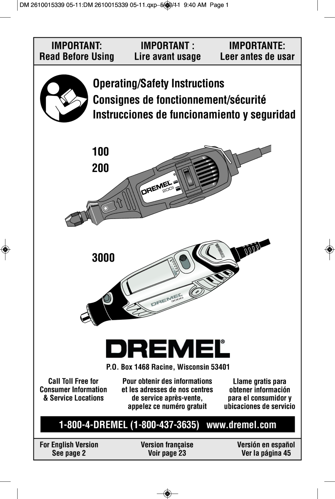 Dremel 3000, 100, 200 manual Box 1468 Racine, Wisconsin, See Voir Ver la página 