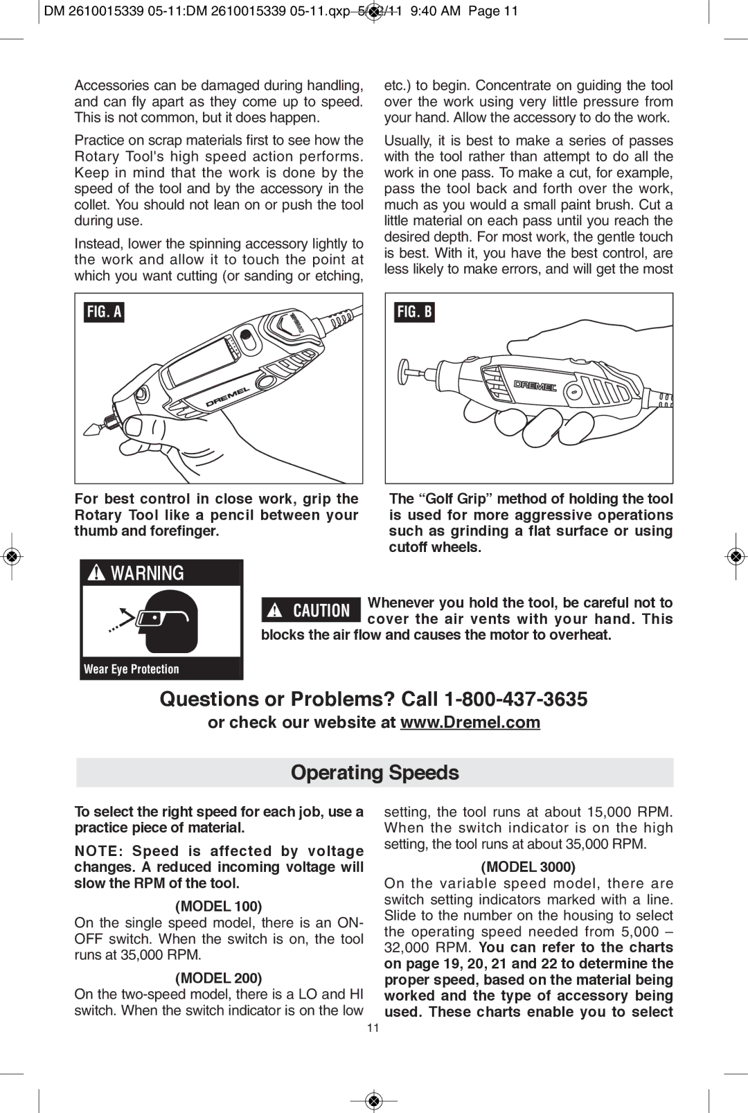 Dremel 200, 100, 3000 manual Questions or Problems? Call Operating Speeds, FIG. a 