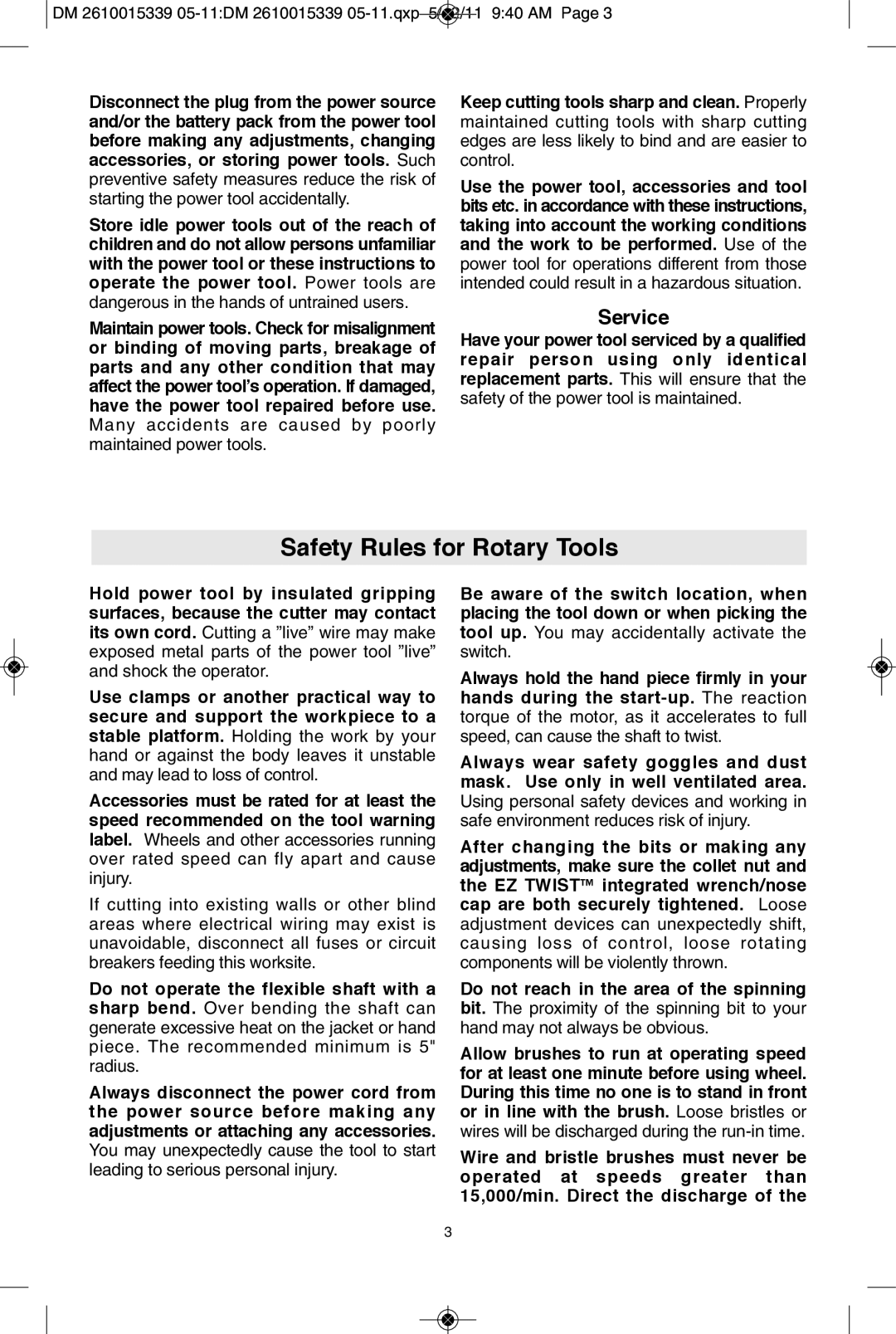 Dremel 100, 3000, 200 manual Safety Rules for Rotary Tools, Service 