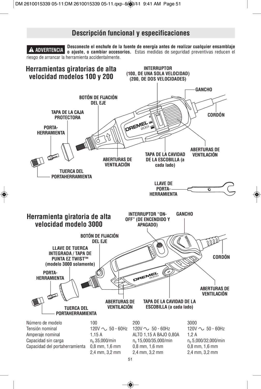 Dremel 3000, 200 manual Descripción funcional y especificaciones, Herramienta giratoria de alta, Velocidad modelos 100 y 