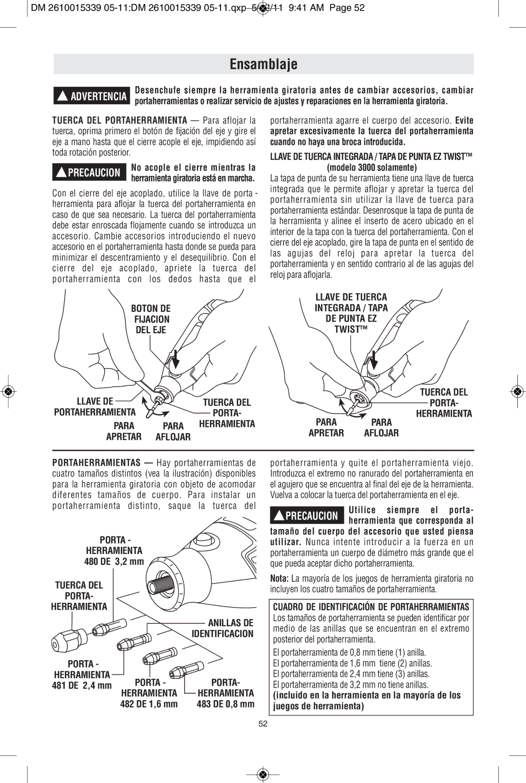 Dremel 100, 200 manual Ensamblaje, Boton DE Fijacion DEL EJE, Aflojar, Modelo 3000 solamente 