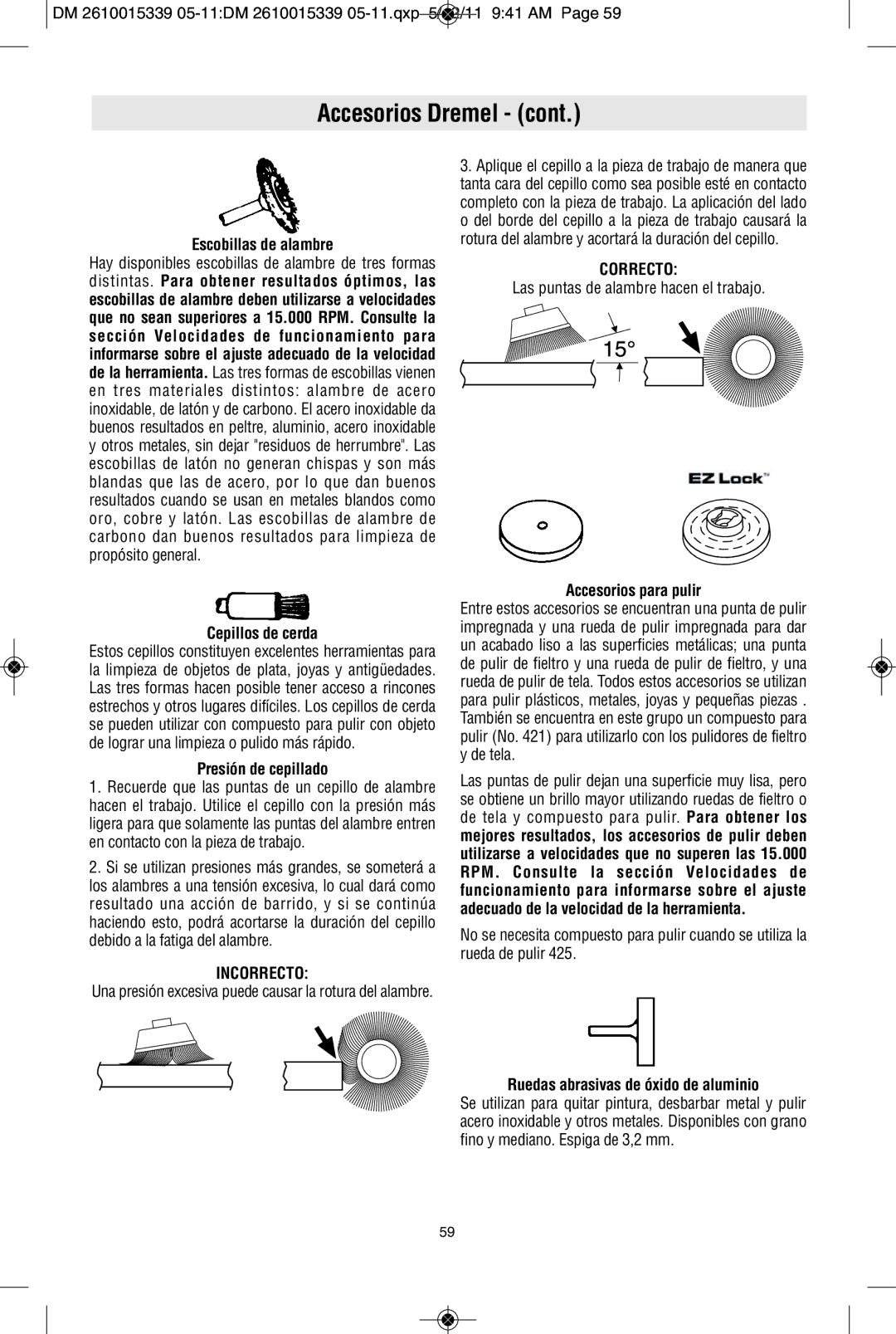 Dremel 200, 100, 3000 manual Accesorios Dremel, Incorrecto, Correcto 