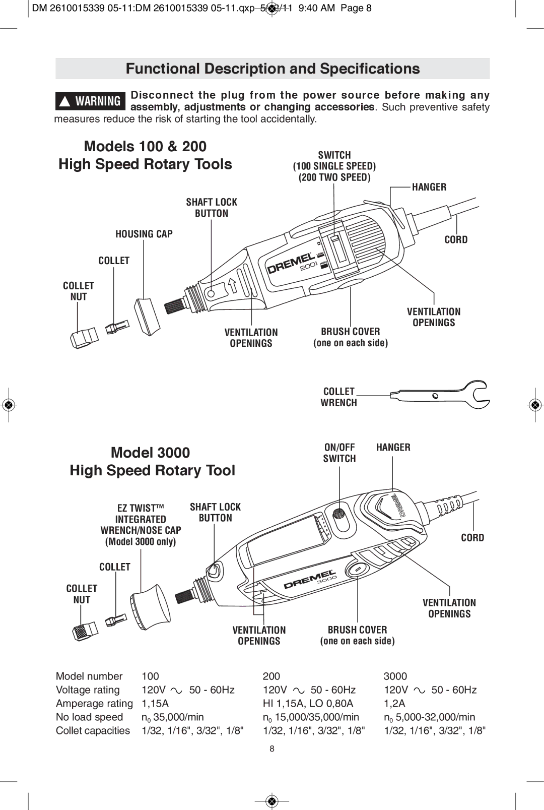 Dremel 200, 3000 manual Functional Description and Specifications, Models 100, High Speed Rotary Tools 100 Single Speed 