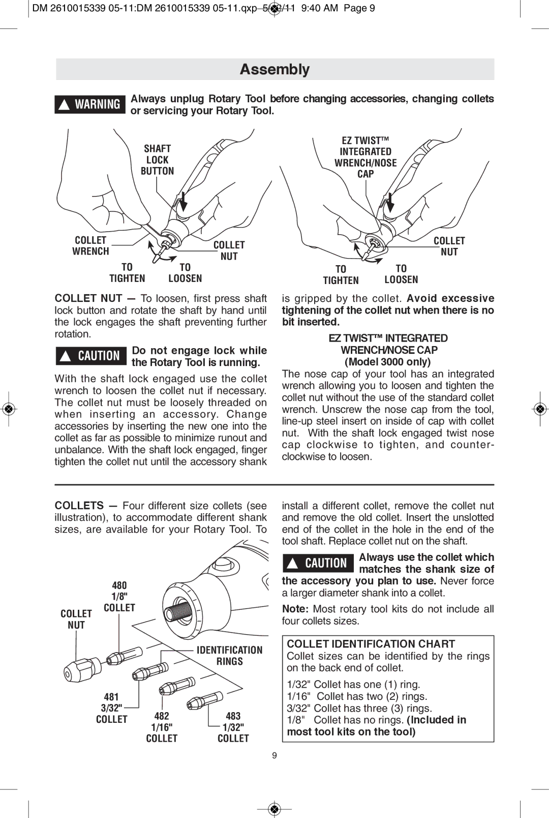 Dremel 100, 3000, 200 manual Assembly, Shaft Lock Button, To to Tighten Loosen, Rings, Collet Identification Chart 