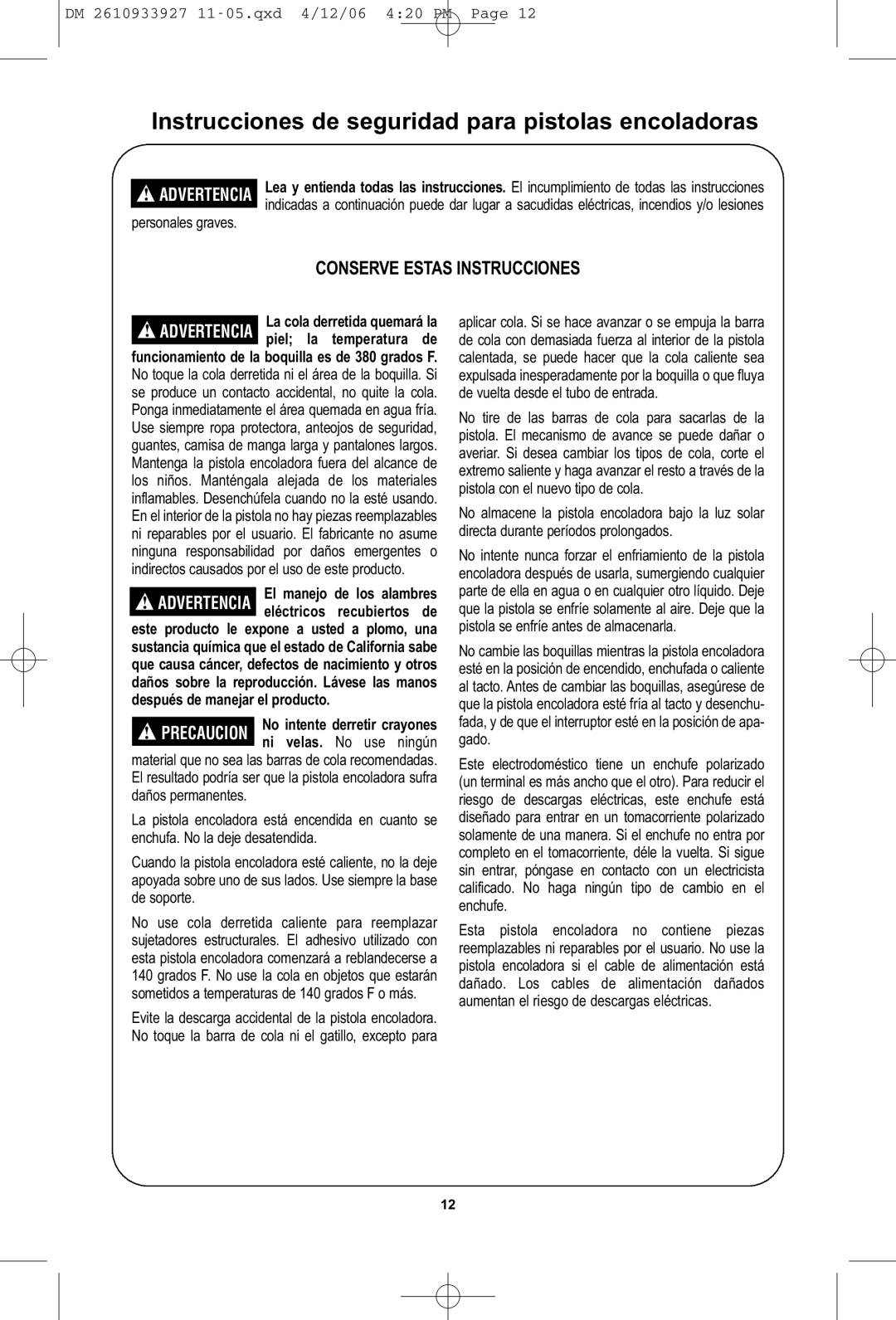 Dremel 1200 manual Instrucciones de seguridad para pistolas encoladoras, Conserve Estas Instrucciones 