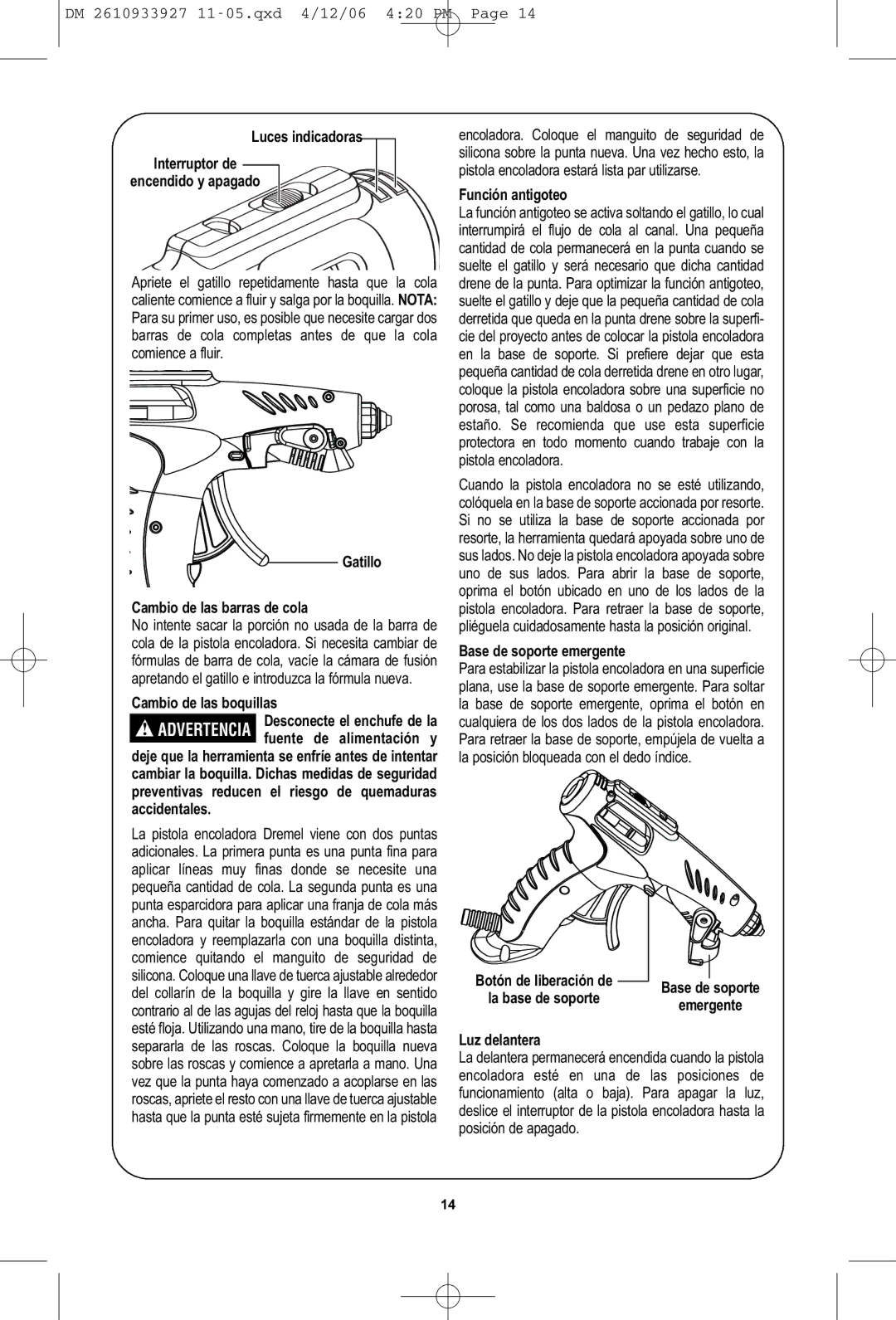 Dremel 1200 manual Gatillo Cambio de las barras de cola, Cambio de las boquillas, Accidentales, Función antigoteo 