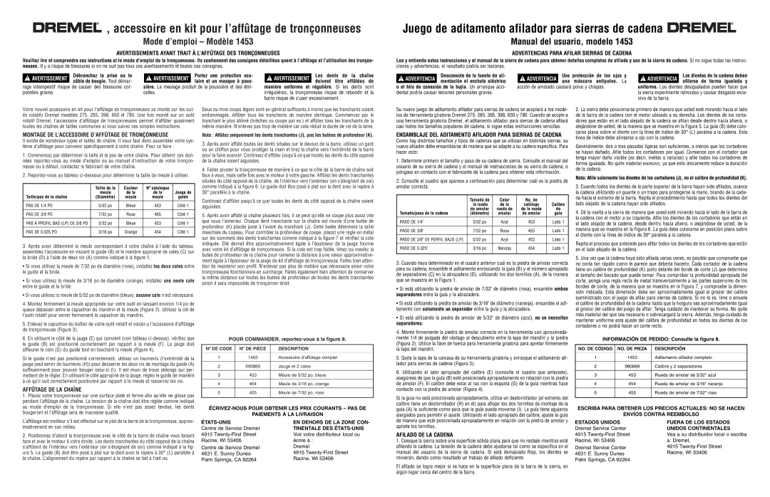 Dremel 1453 Avertissements Ayant Trait À L’AFFÛTAGE DES Tronçonneuses, Advertencias Para Afilar Sierras DE Cadena 