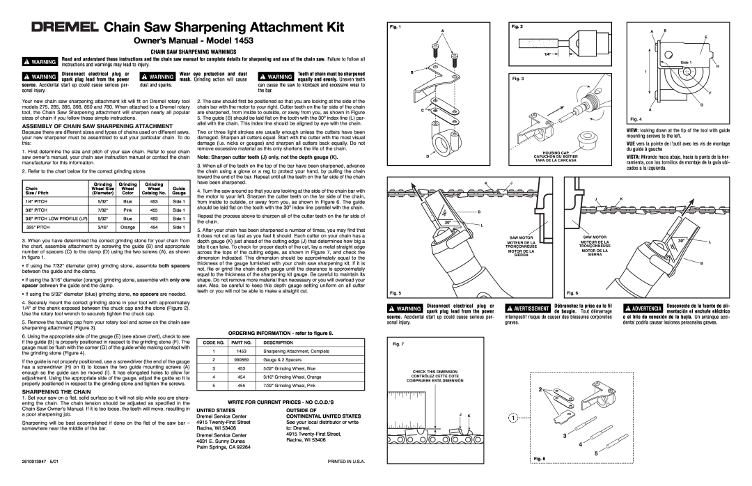 Dremel 1453 owner manual Chain Saw Sharpening Warnings, Assembly Of Chain Saw Sharpening Attachment, Sharpening The Chain 