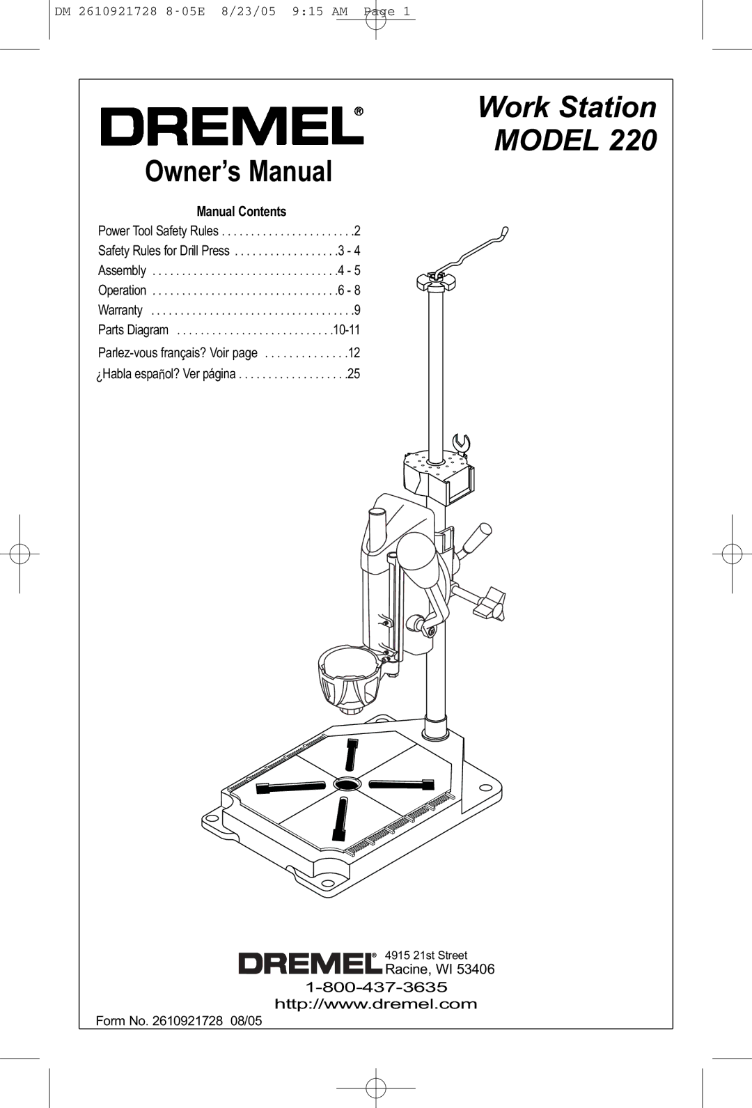 Dremel 220 owner manual Work Station Model, Manual Contents 