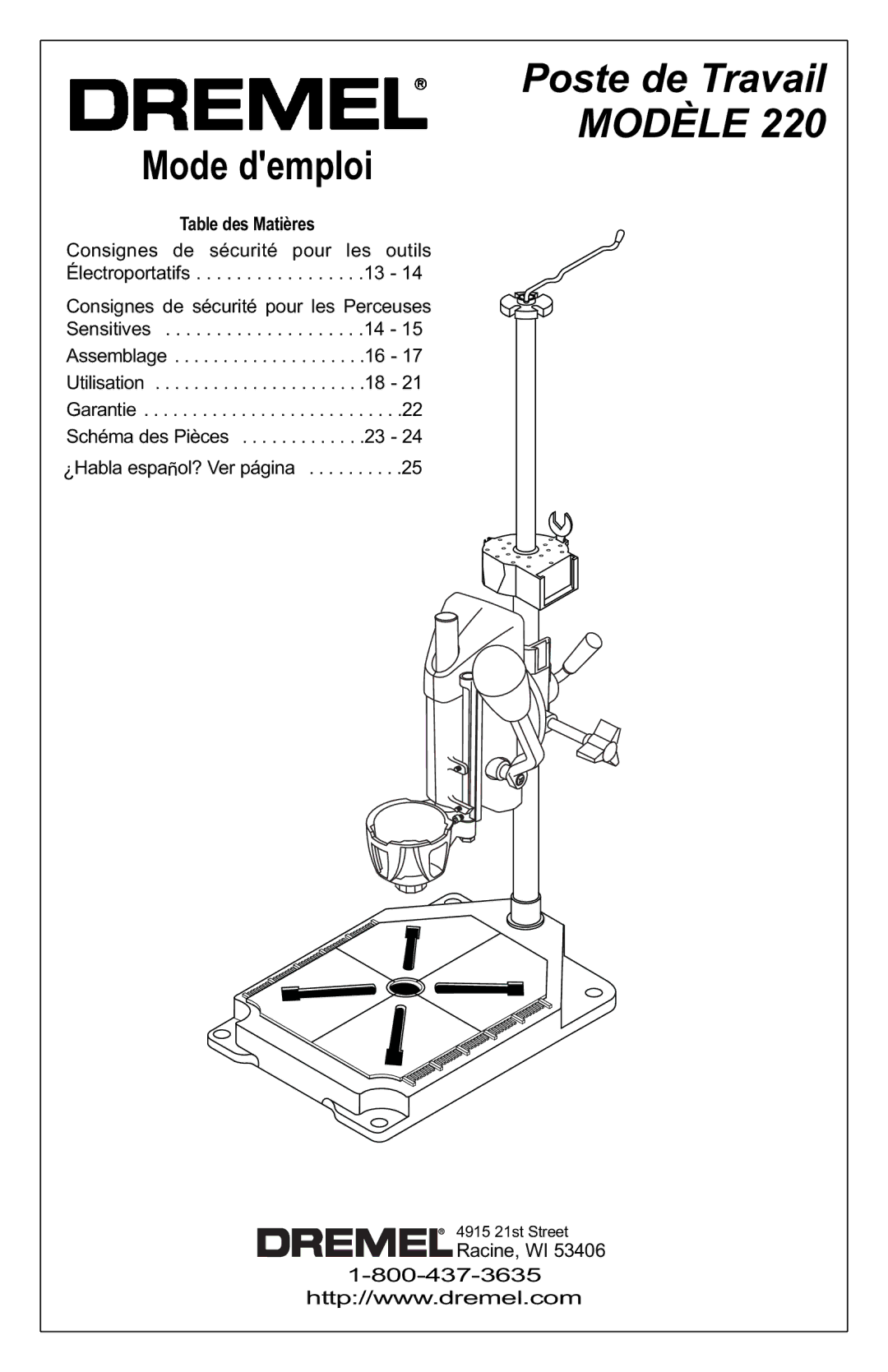 Dremel 220 owner manual Mode demploi, Table des Matières 