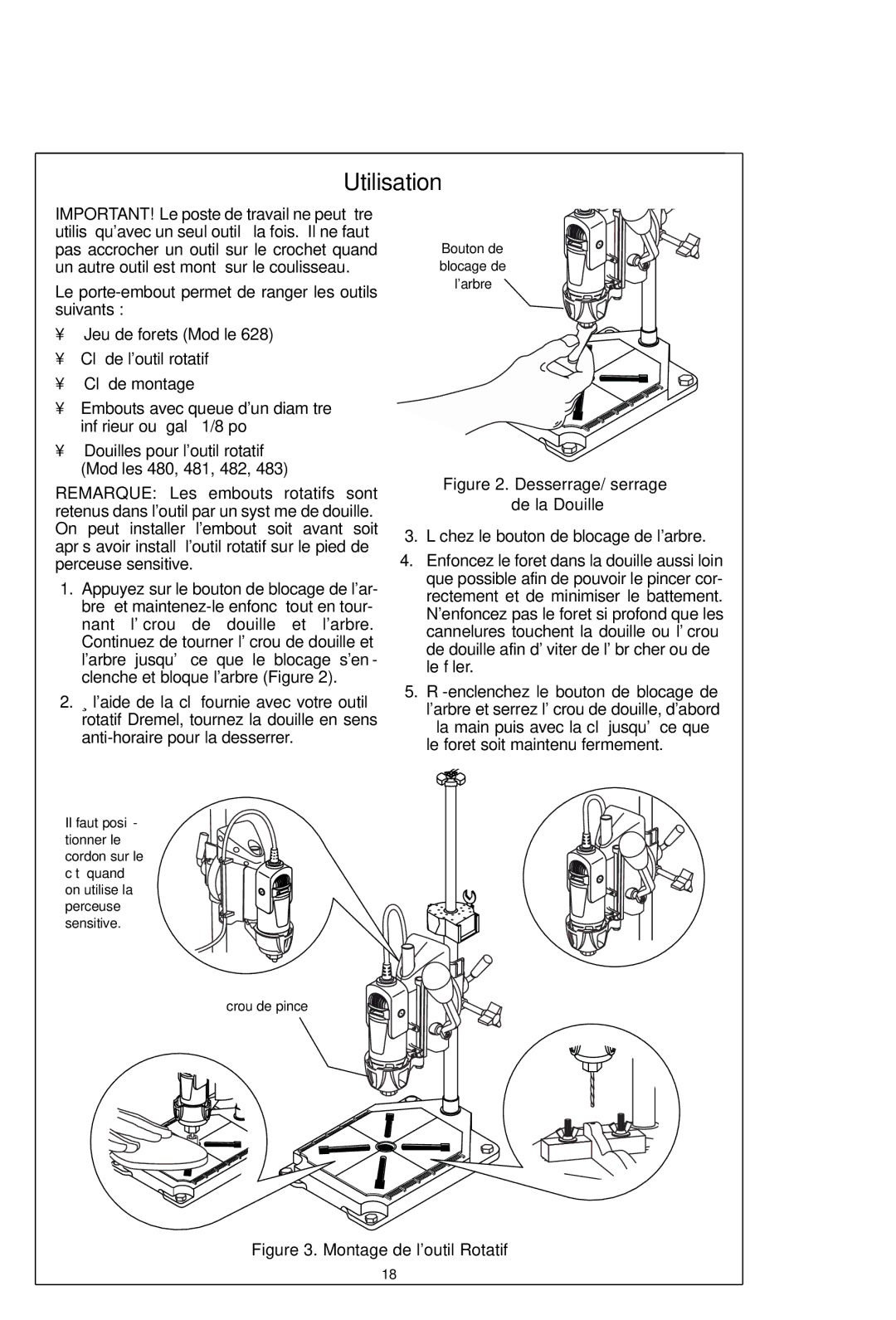 Dremel 220 owner manual Utilisation, Montage de loutil Rotatif 