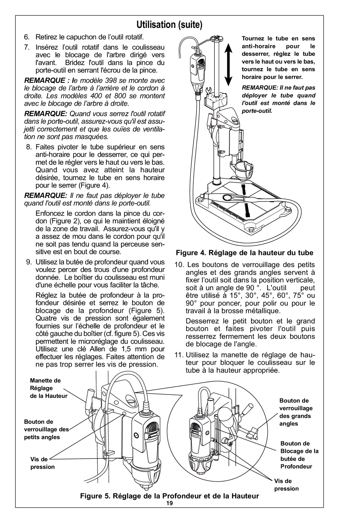 Dremel 220 owner manual Utilisation suite, Réglage de la Profondeur et de la Hauteur 