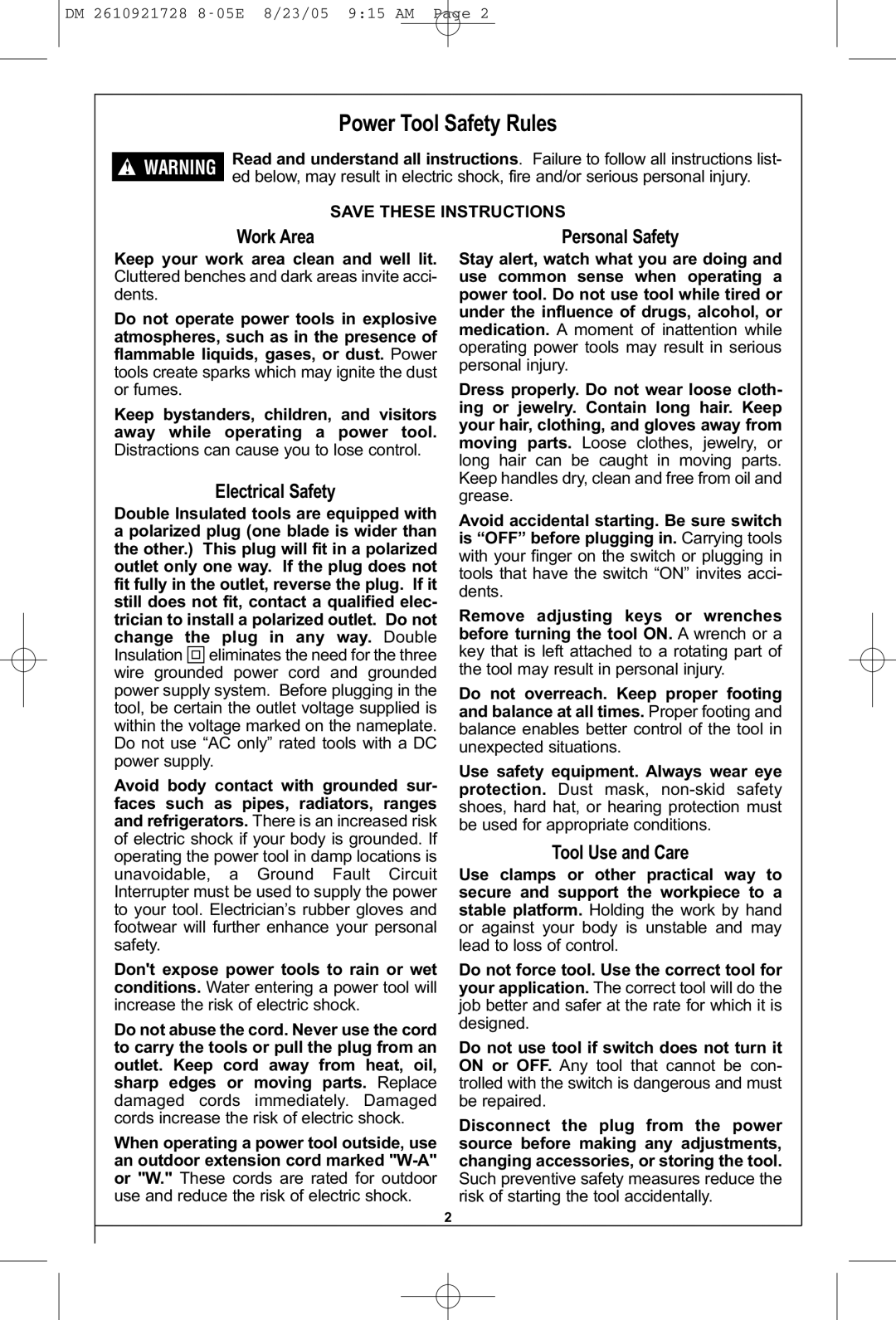 Dremel 220 owner manual Power Tool Safety Rules, Work Area, Tool Use and Care, Save These Instructions Personal Safety 