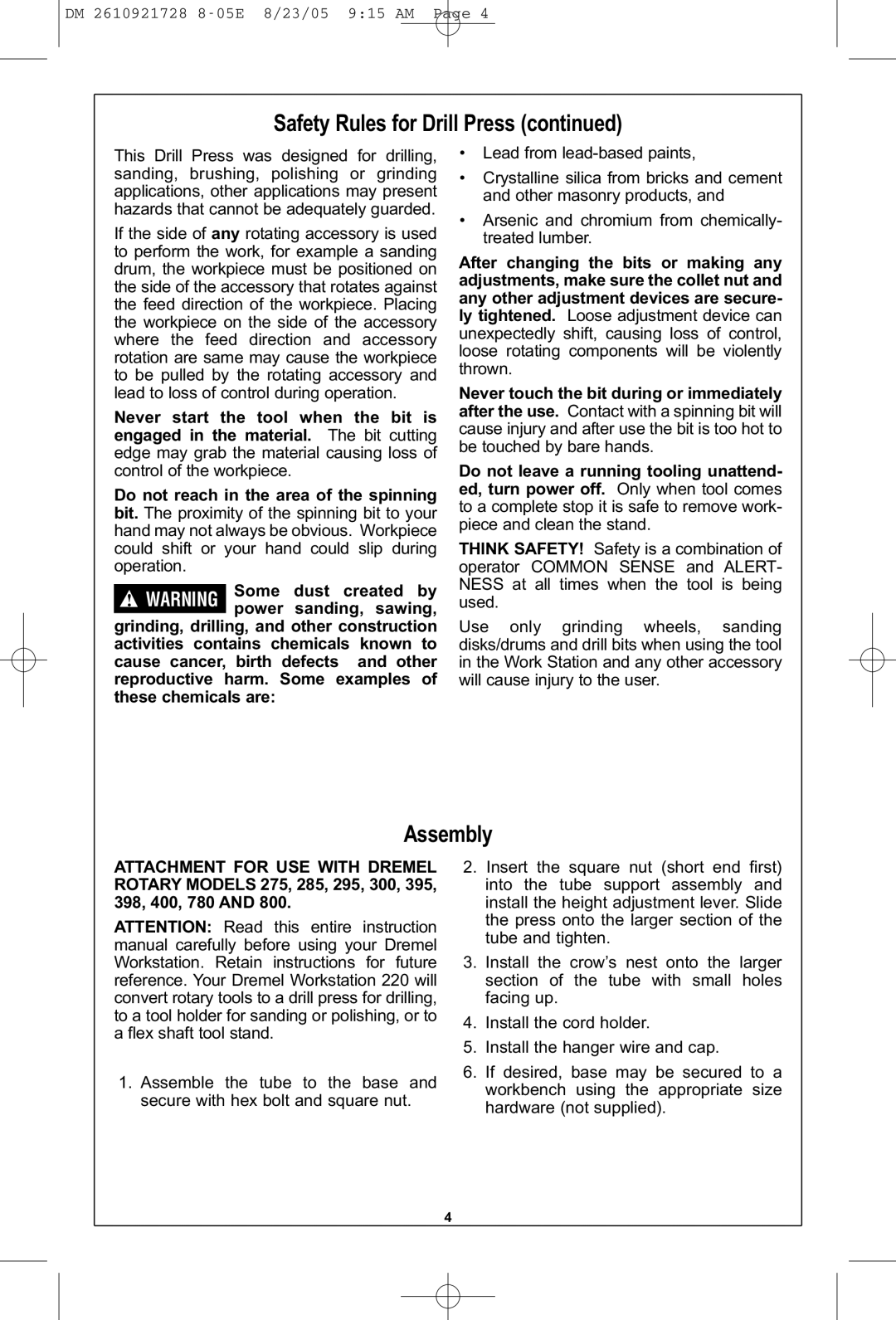 Dremel 220 owner manual Assembly, Attachment for USE with Dremel 