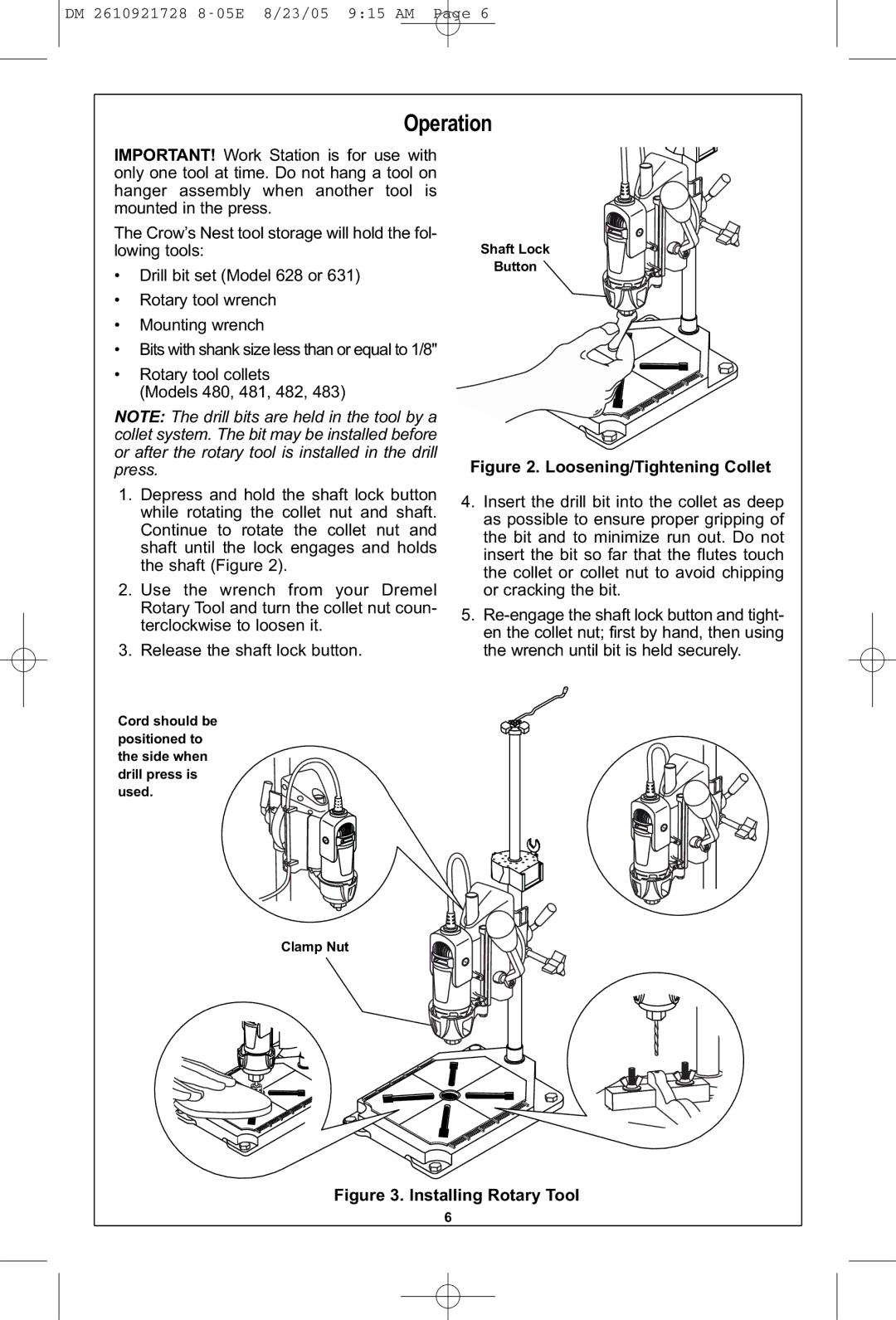 Dremel 220 owner manual Operation, Installing Rotary Tool 