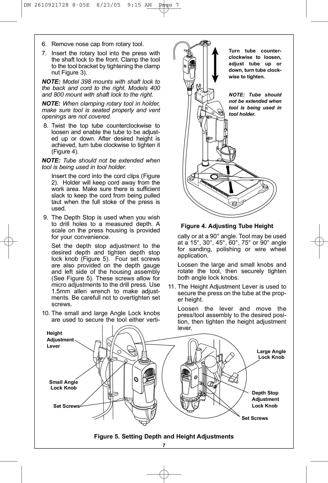 Dremel 220 owner manual Setting Depth and Height Adjustments 