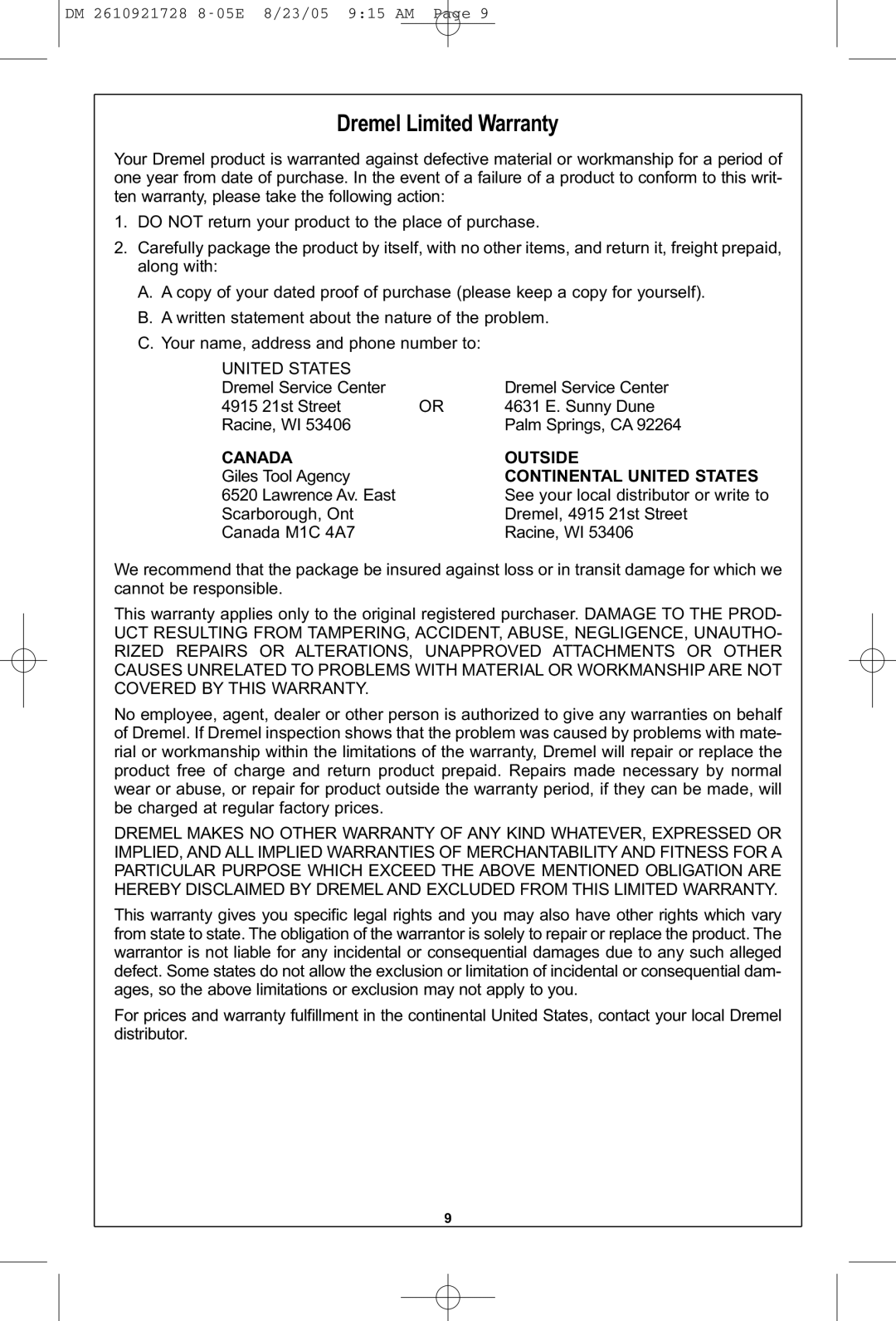 Dremel 220 owner manual Dremel Limited Warranty, Canada Outside, Continental United States 