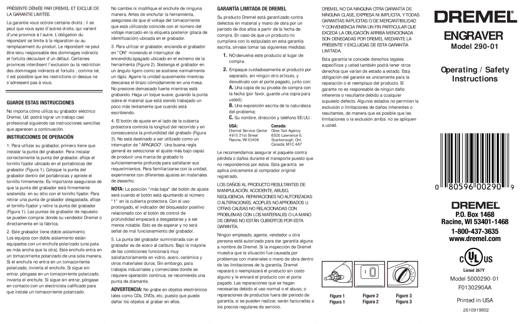 Dremel 290-01 manual Présente Déniée PAR Dremel ET Exclue DE LA Garantie Limitée, Guarde Estas Instrucciones 