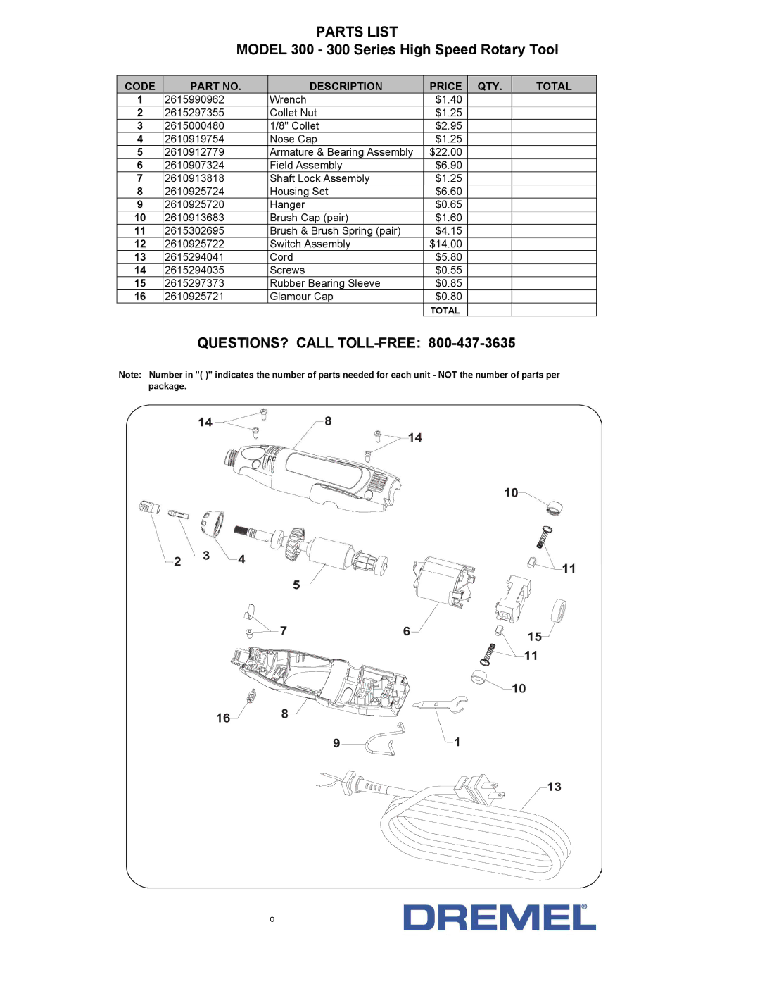 Dremel manual Parts List, Model 300 300 Series High Speed Rotary Tool 