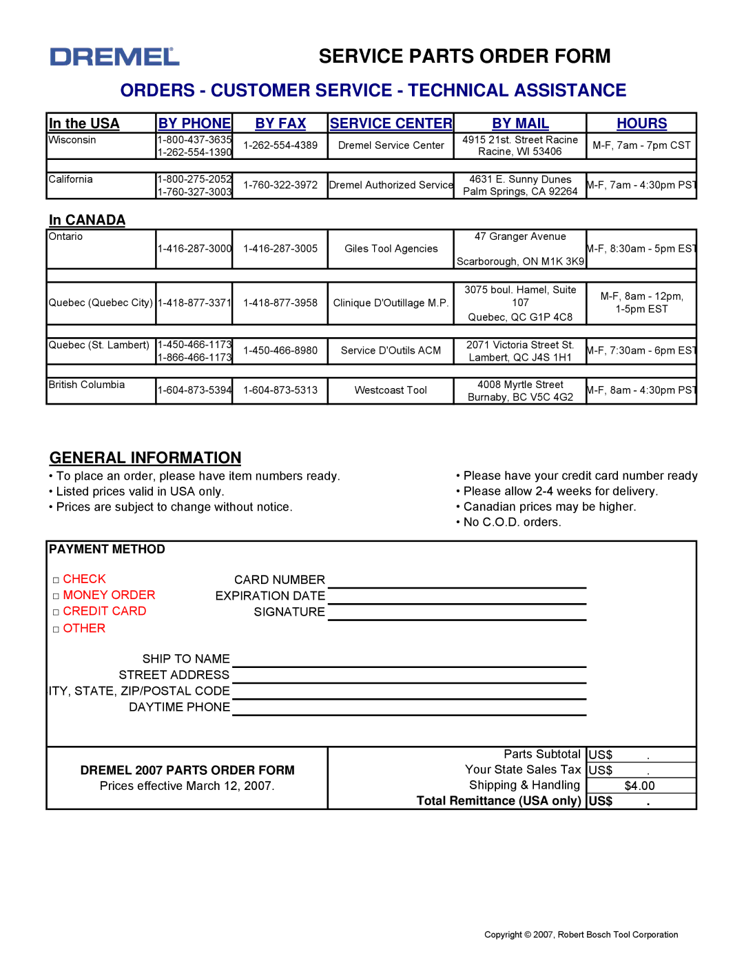 Dremel 300 manual Usa, Canada, Payment Method, Dremel 2007 Parts Order Form, Us$ 