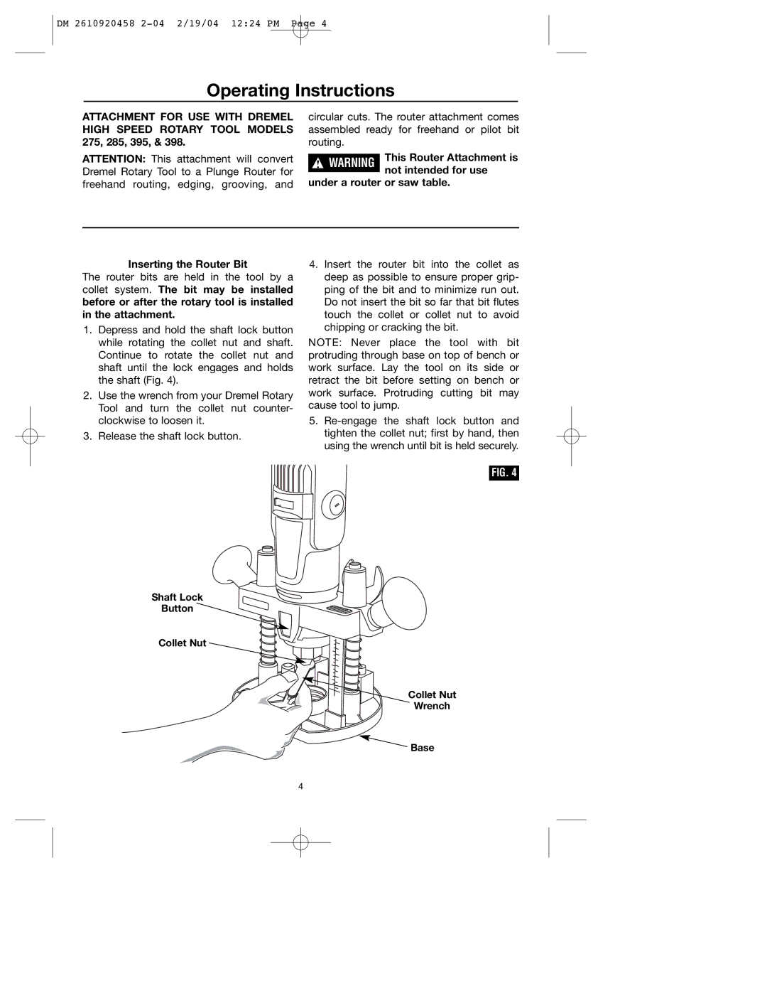 Dremel 335 warranty Operating Instructions, Under a router or saw table Inserting the Router Bit 