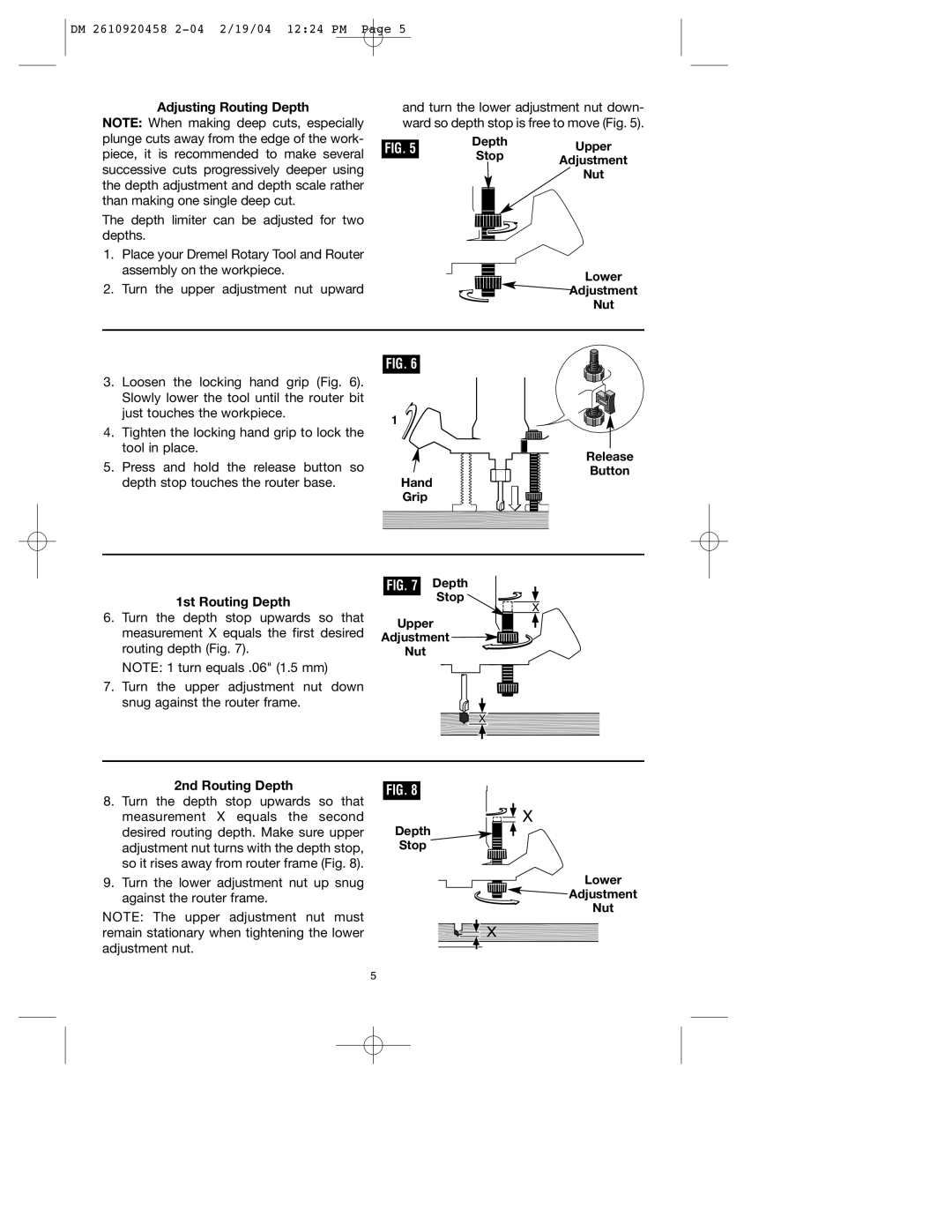 Dremel 335 warranty Adjusting Routing Depth, Lower Adjustment Nut, Release Button Hand Grip, 1st Routing Depth Stop 