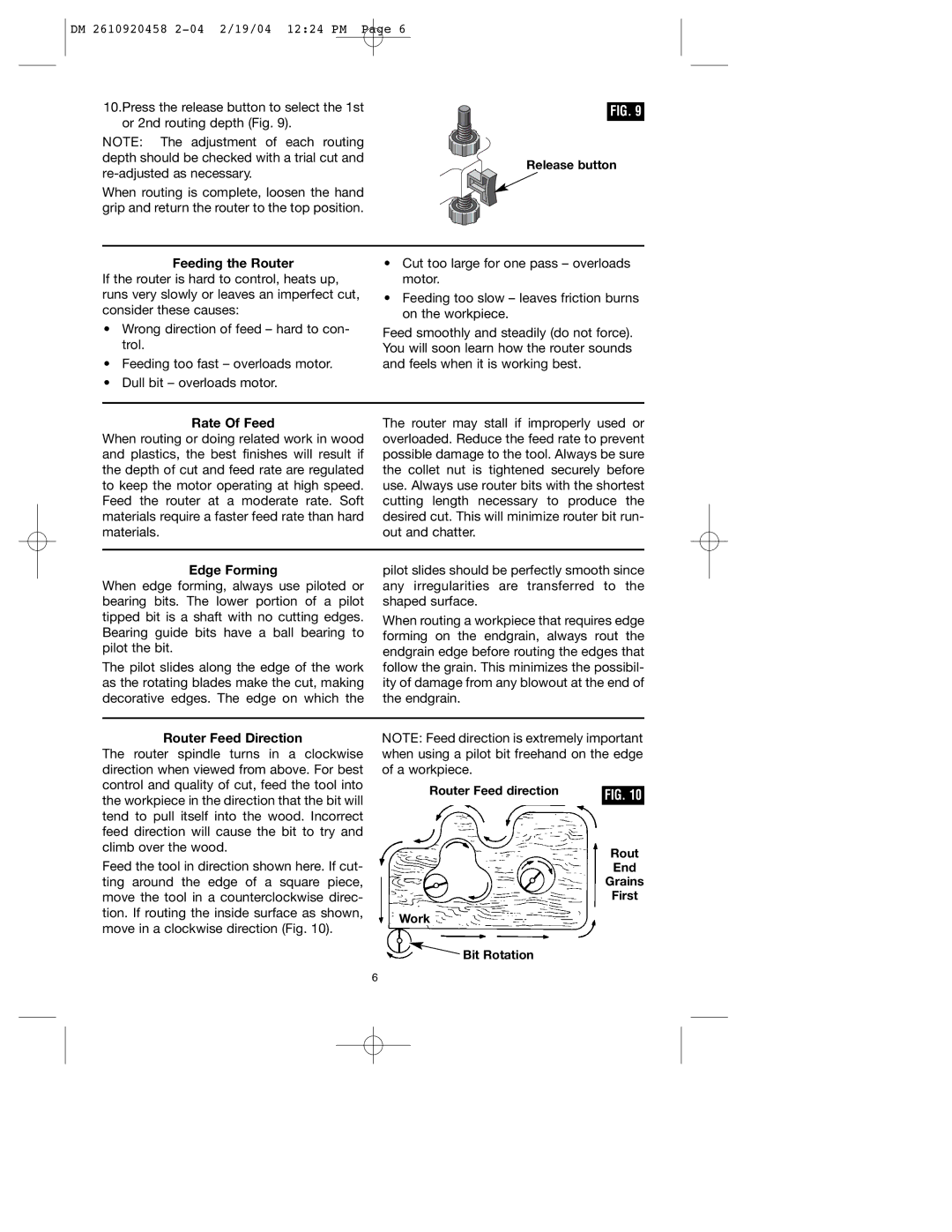 Dremel 335 warranty Release button Feeding the Router, Rate Of Feed, Edge Forming, Router Feed Direction 