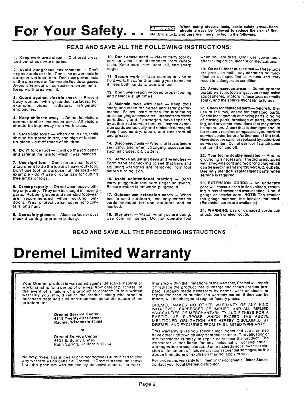 Dremel 275, 395, 285 owner manual Dremel Limited Warranty, For Your Safety 