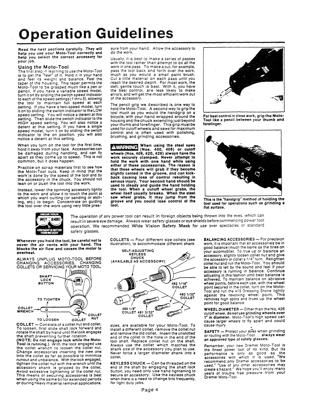 Dremel 285, 395, 275 Operation Guidelines, Using the Moto-Tool, Collets -- Four different size toilets see, An approved 