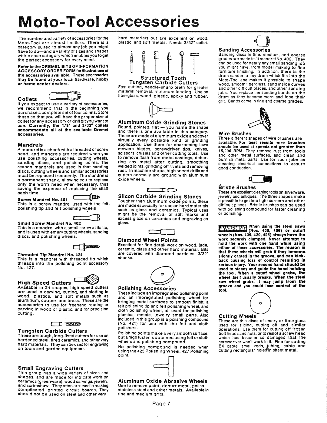 Dremel 285, 395, 275 owner manual Moto-Tool Accessories, Diamond Wheel Points, Cutting Wheels 