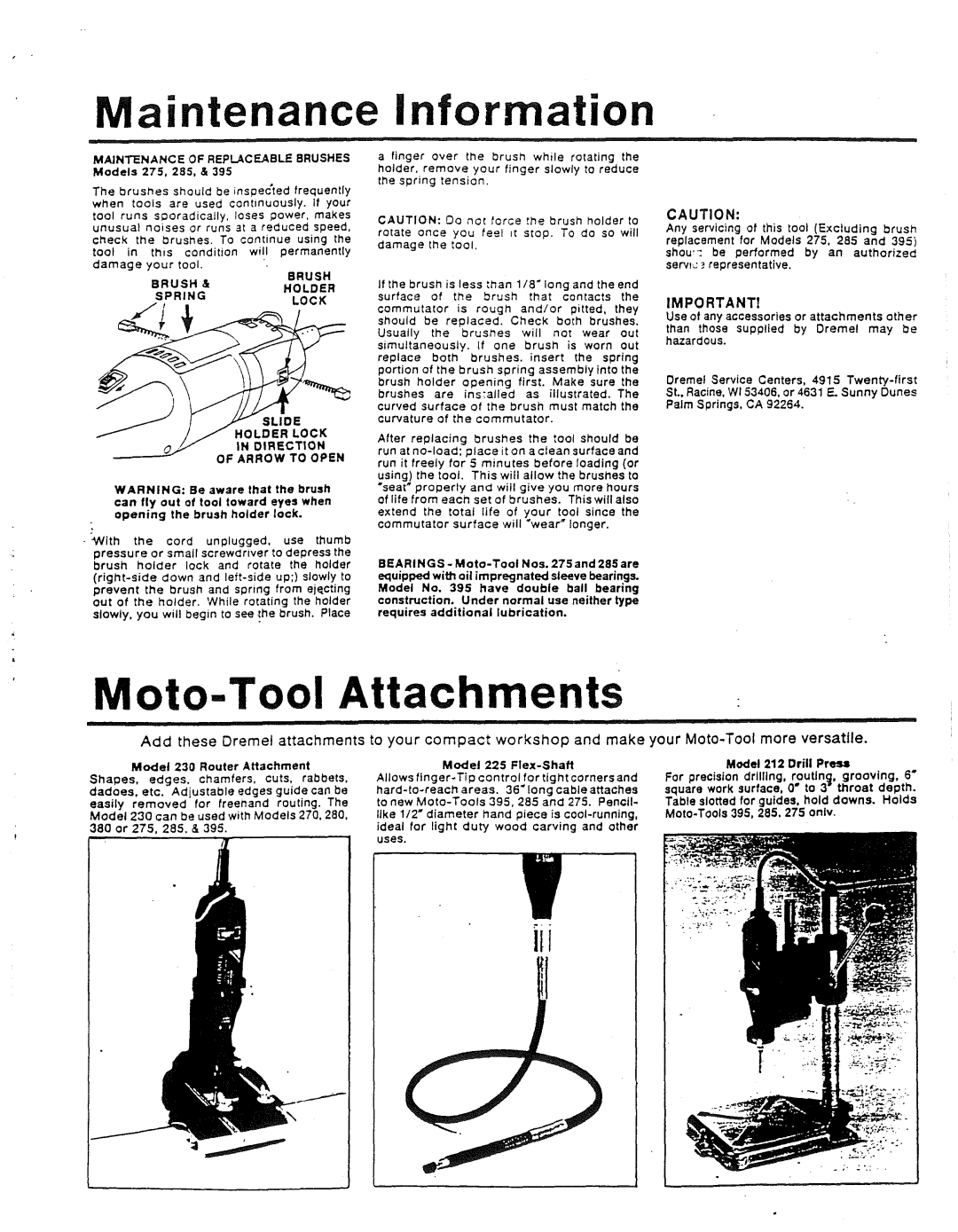 Dremel 275, 395, 285 owner manual Maintenance Information, Moto-Tool Attachments 