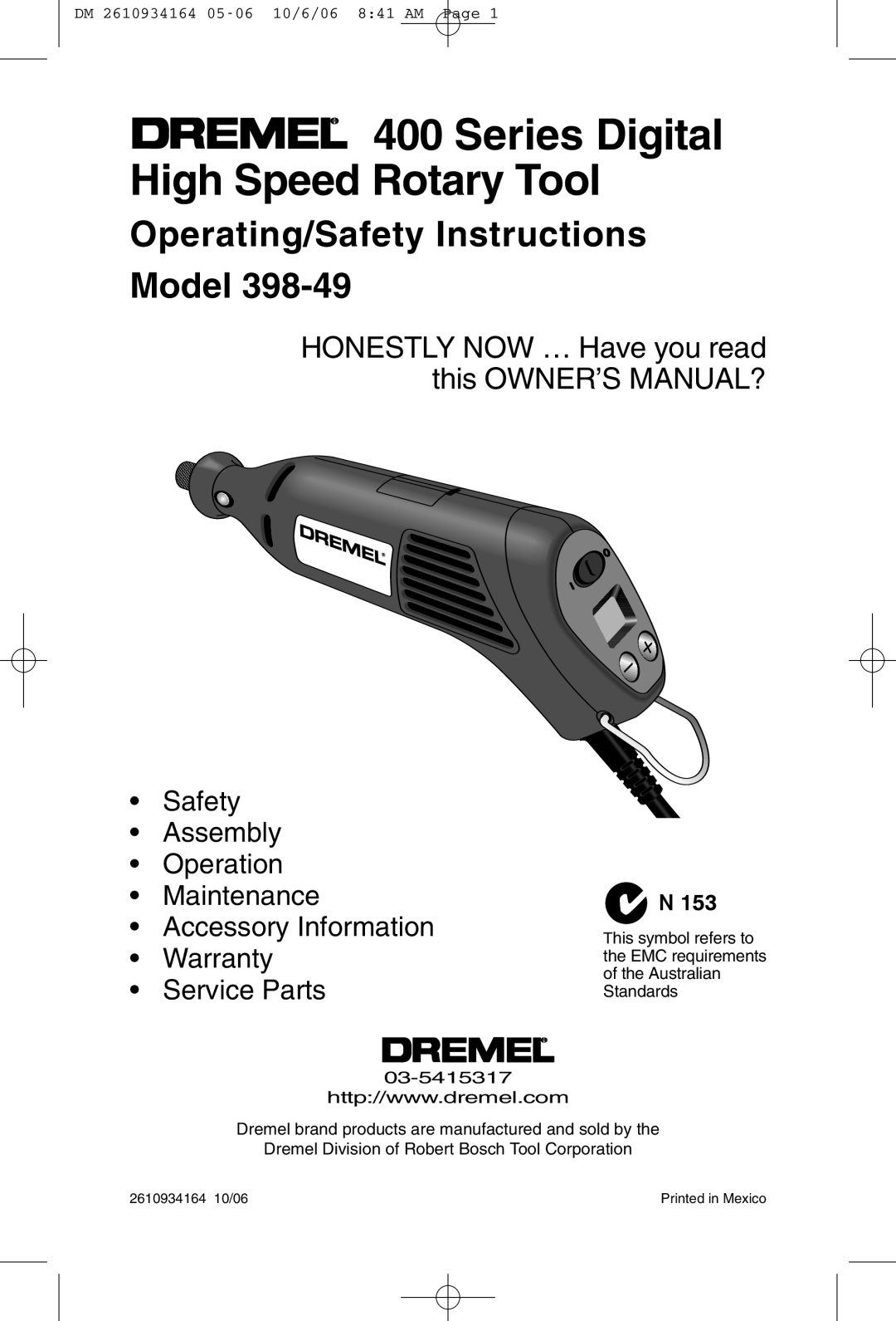 Dremel 398-49 owner manual Series Digital High Speed Rotary Tool, Operating/Safety Instructions Model 