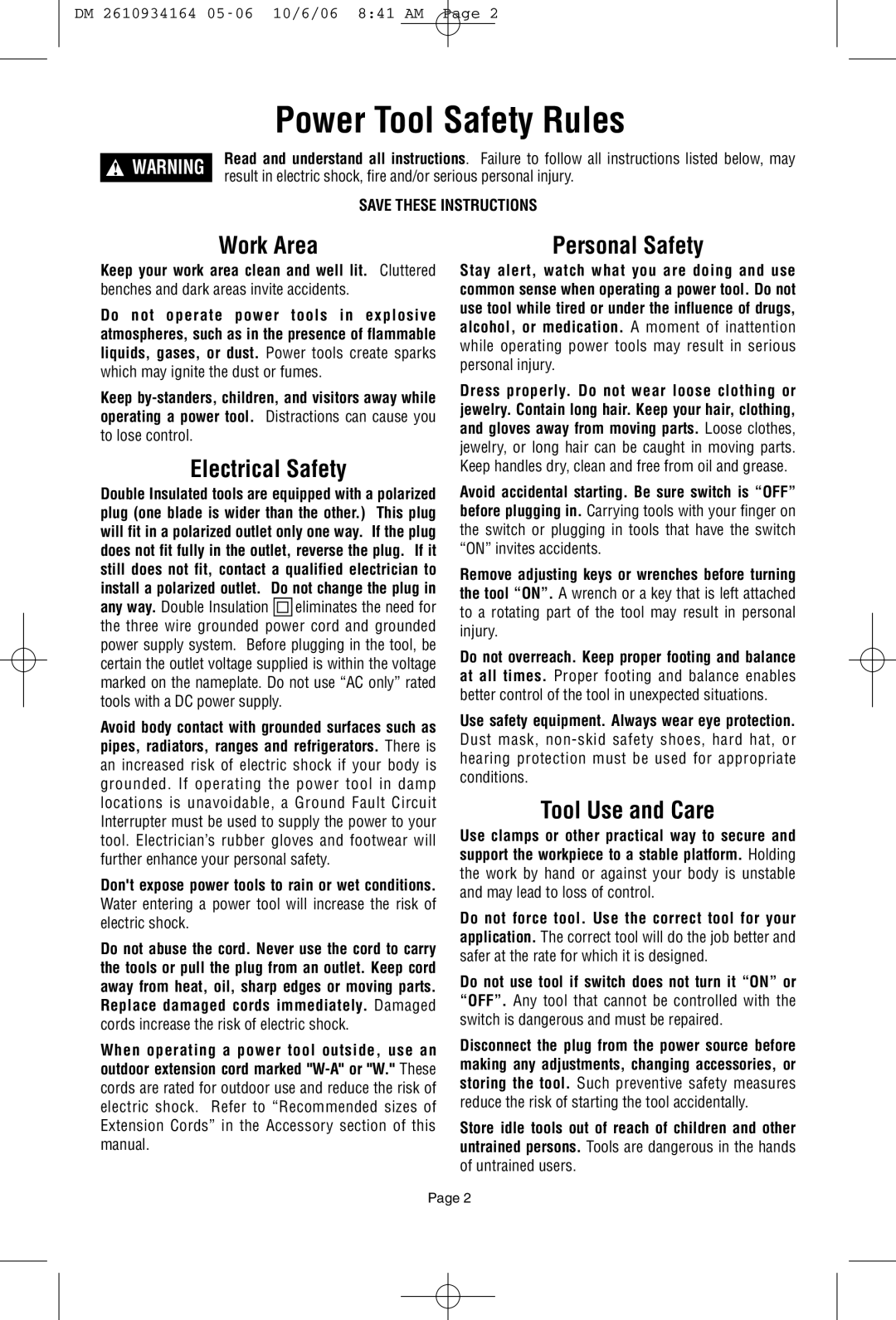 Dremel 398-49 owner manual Power Tool Safety Rules, Work Area, Electrical Safety, Personal Safety, Tool Use and Care 