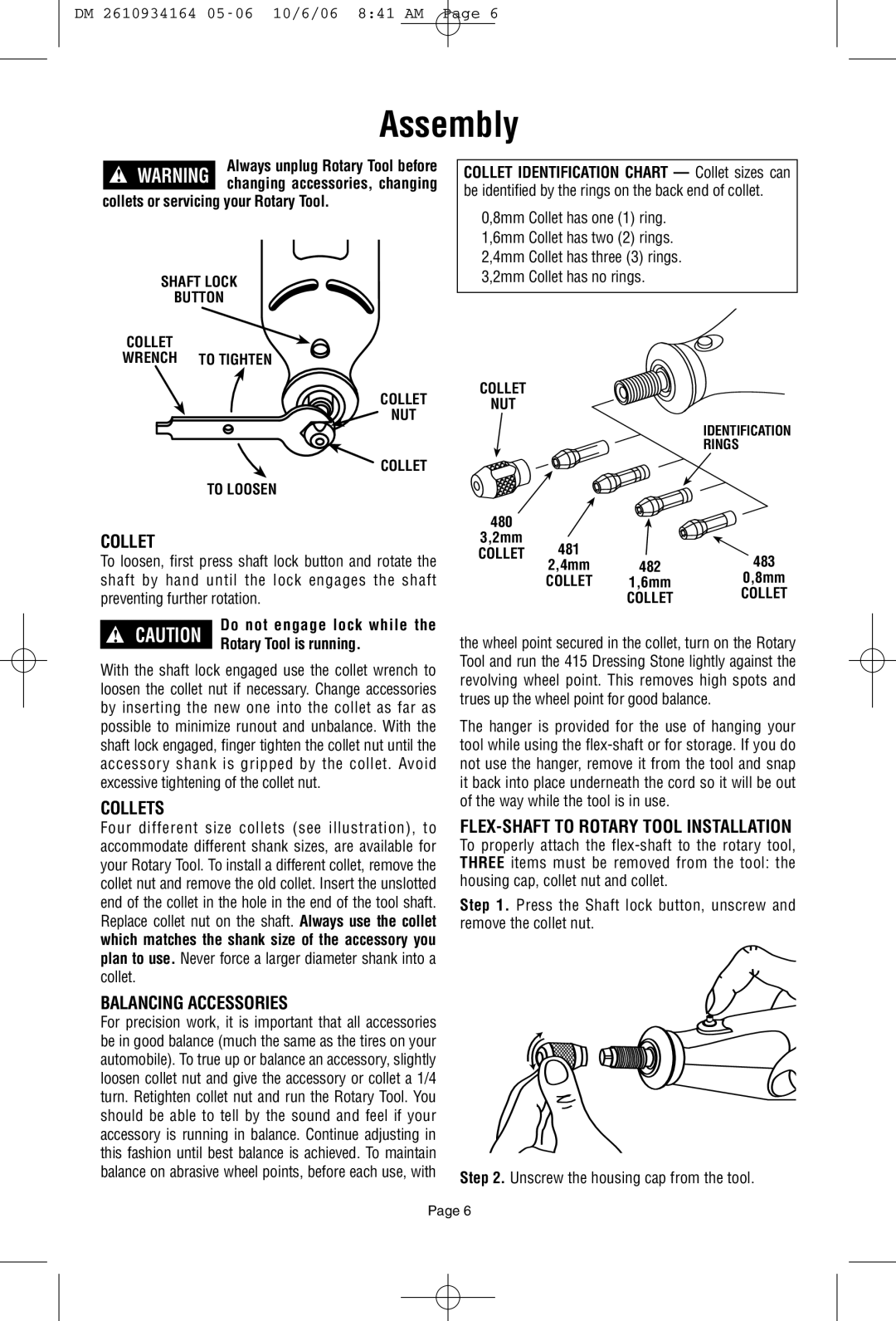 Dremel 398-49 owner manual Assembly, Collets, Balancing Accessories, FLEX-SHAFT to Rotary Tool Installation 