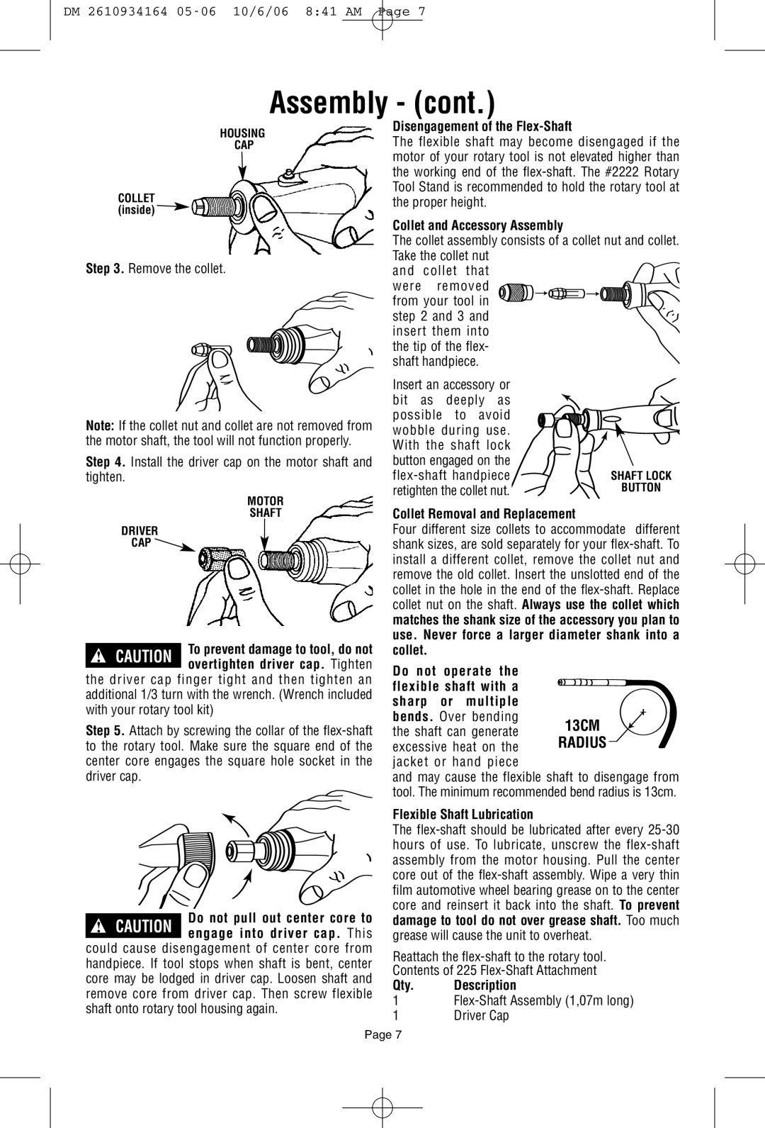 Dremel 398-49 Disengagement of the Flex-Shaft, Collet and Accessory Assembly, Collet Removal and Replacement, Do not 