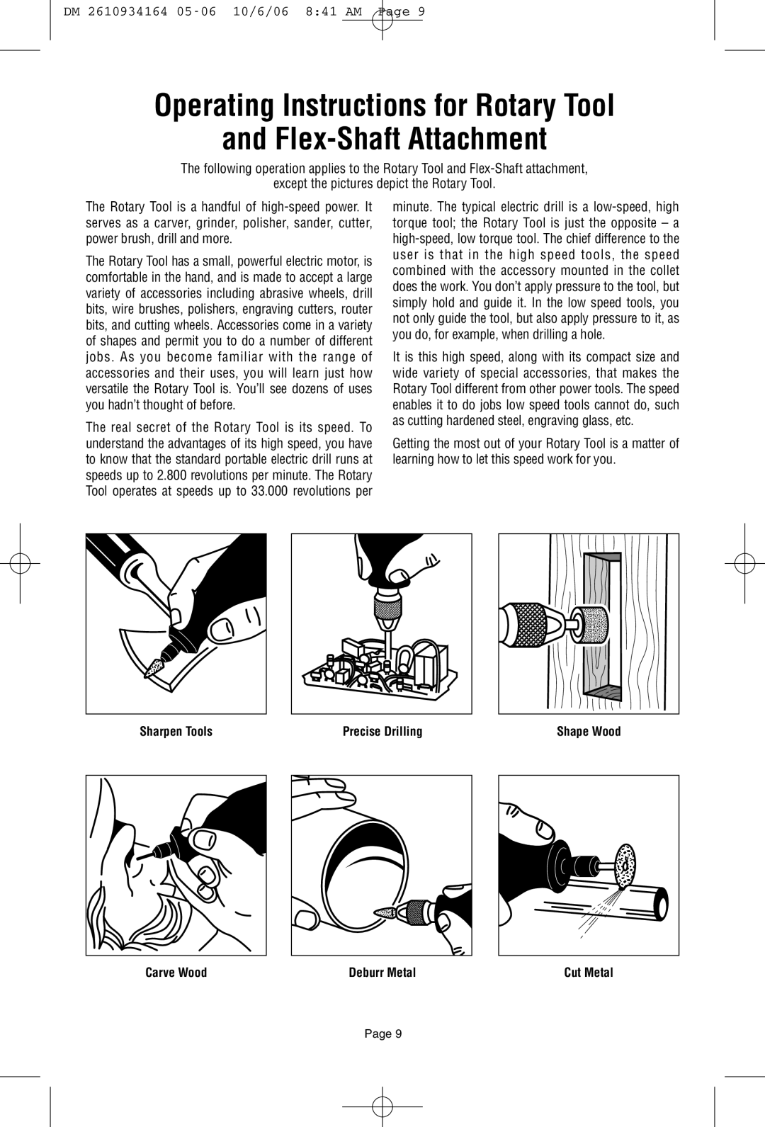 Dremel 398-49 owner manual Operating Instructions for Rotary Tool Flex-Shaft Attachment 