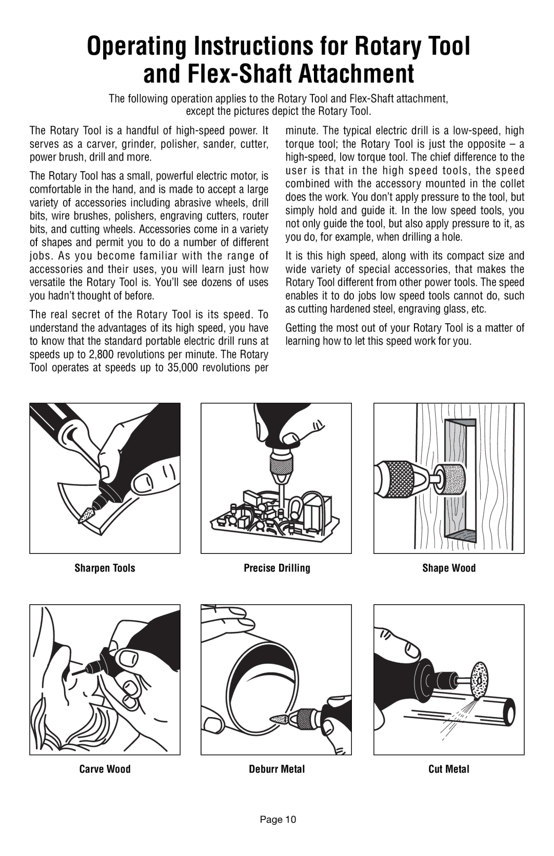 Dremel 398 owner manual Operating Instructions for Rotary Tool Flex-Shaft Attachment 