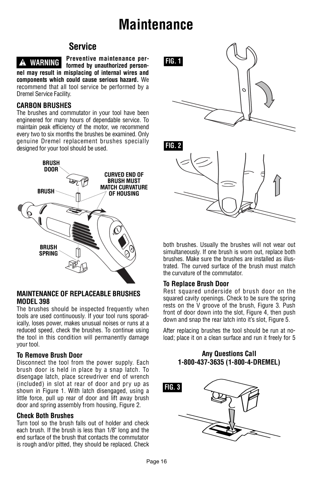 Dremel 398 owner manual Carbon Brushes, Maintenance of Replaceable Brushes Model 