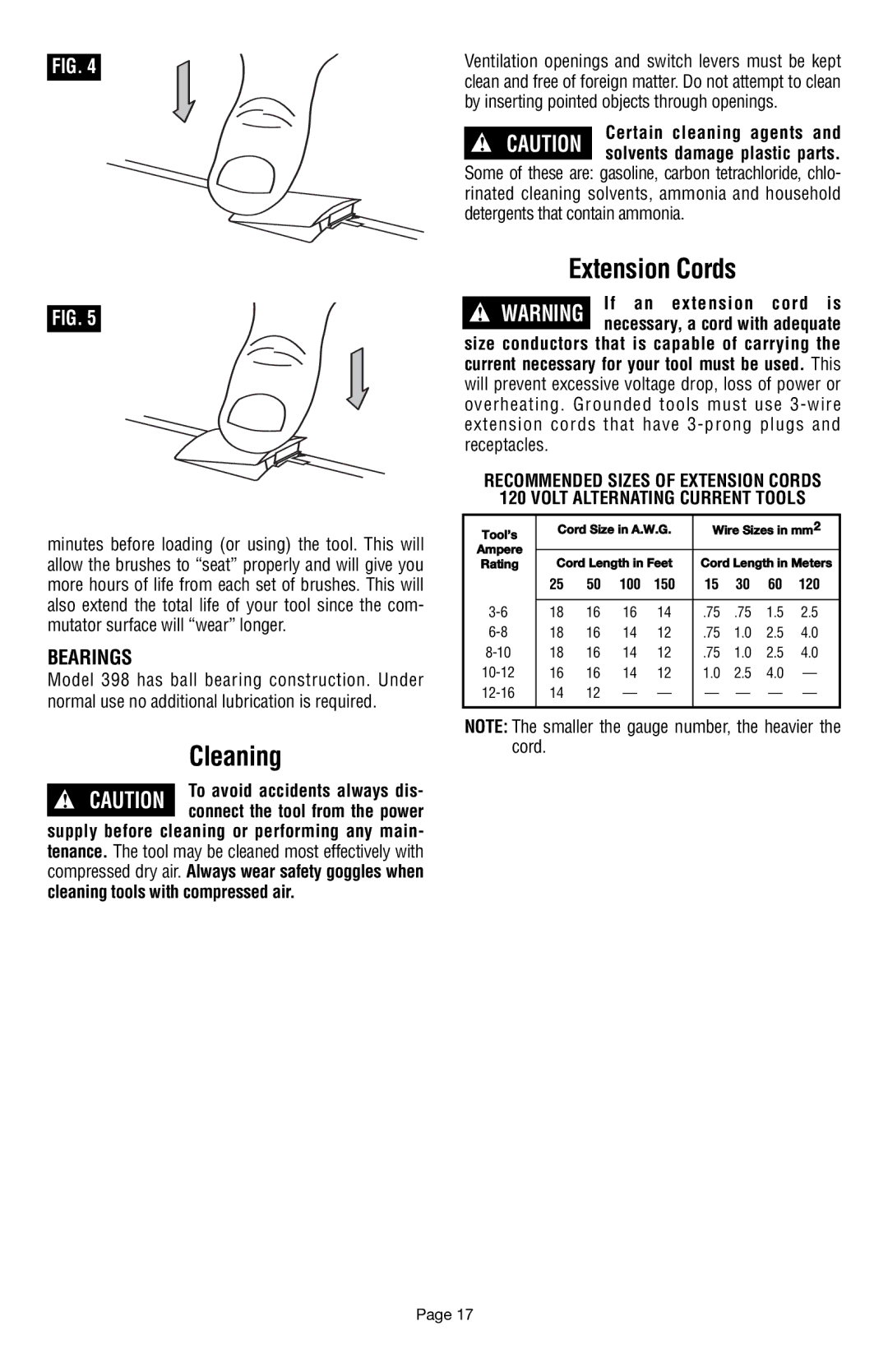 Dremel 398 owner manual Cleaning, Extension Cords, Bearings, Certain cleaning agents 