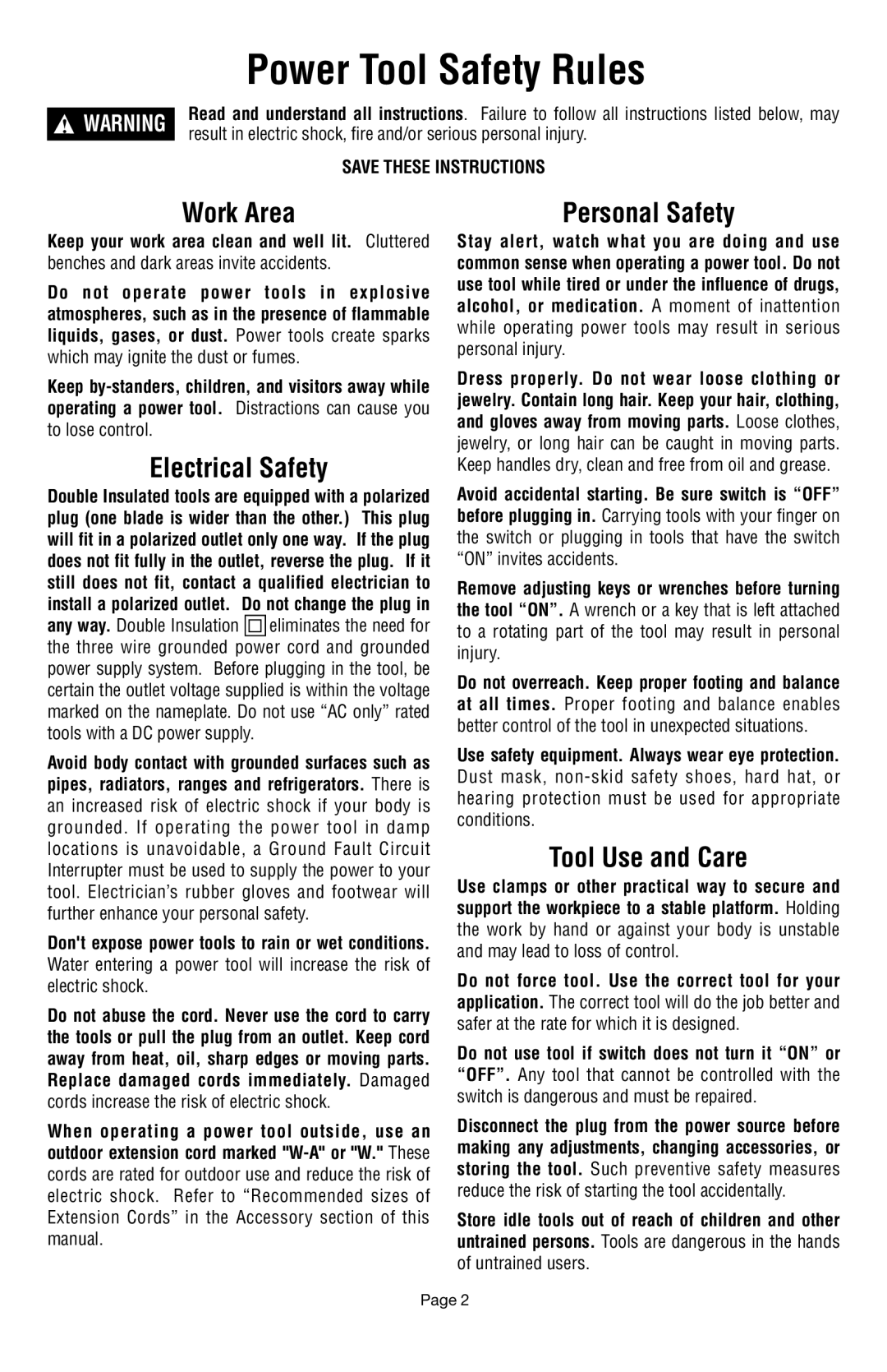 Dremel 398 owner manual Power Tool Safety Rules, Work Area, Electrical Safety, Personal Safety, Tool Use and Care 