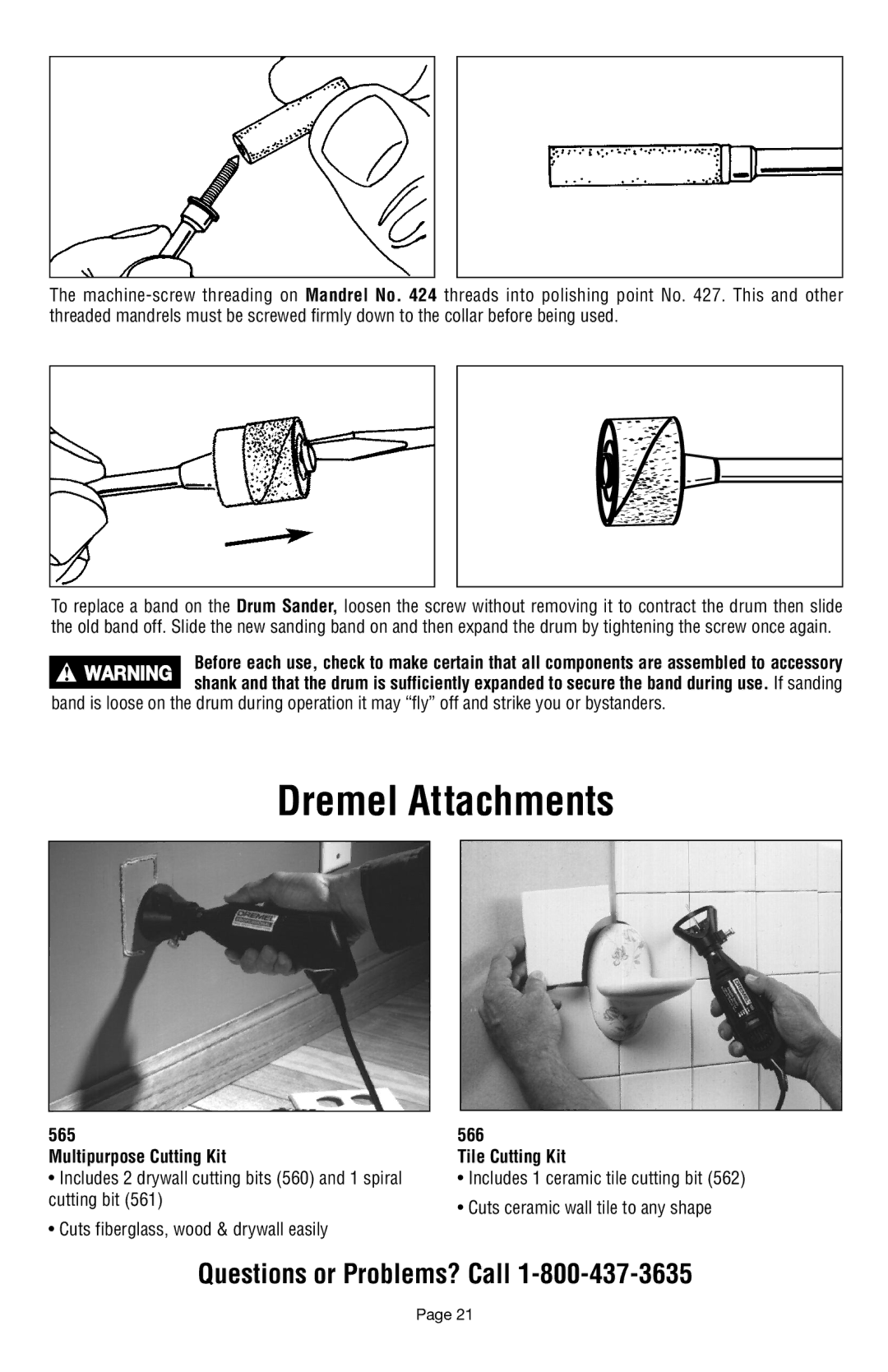 Dremel 398 Dremel Attachments, Questions or Problems? Call, 565 566 Multipurpose Cutting Kit Tile Cutting Kit, Cutting bit 