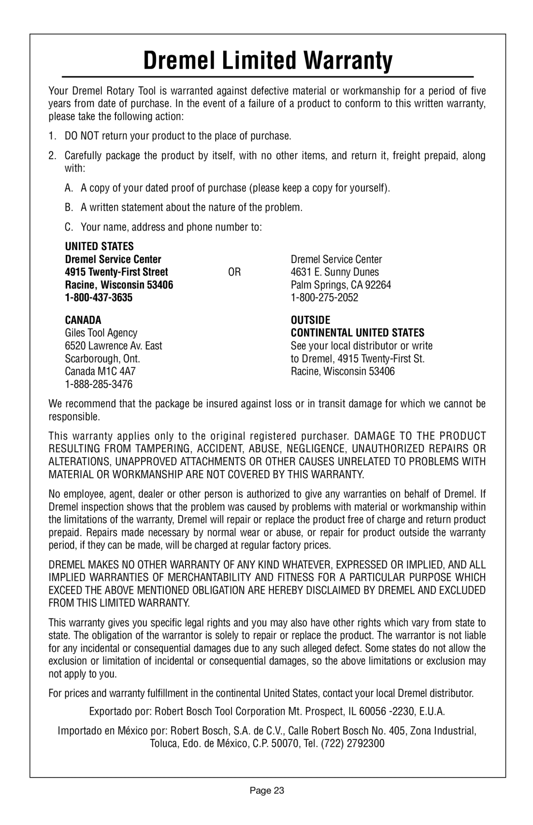 Dremel 398 owner manual Dremel Limited Warranty, Dremel Service Center, Twenty-First Street, Racine, Wisconsin 