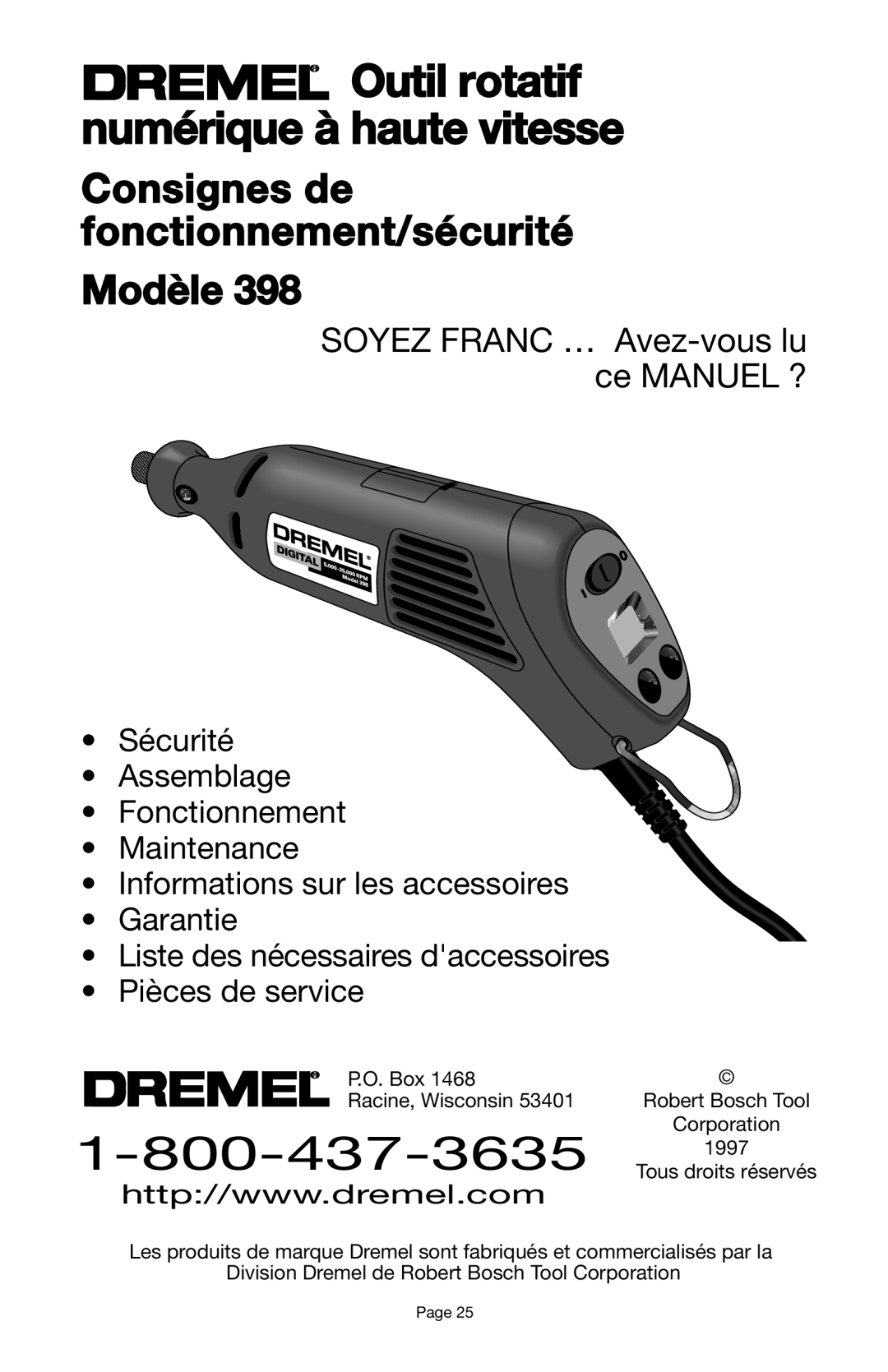 Dremel 398 owner manual Outil rotatif numérique à haute vitesse 