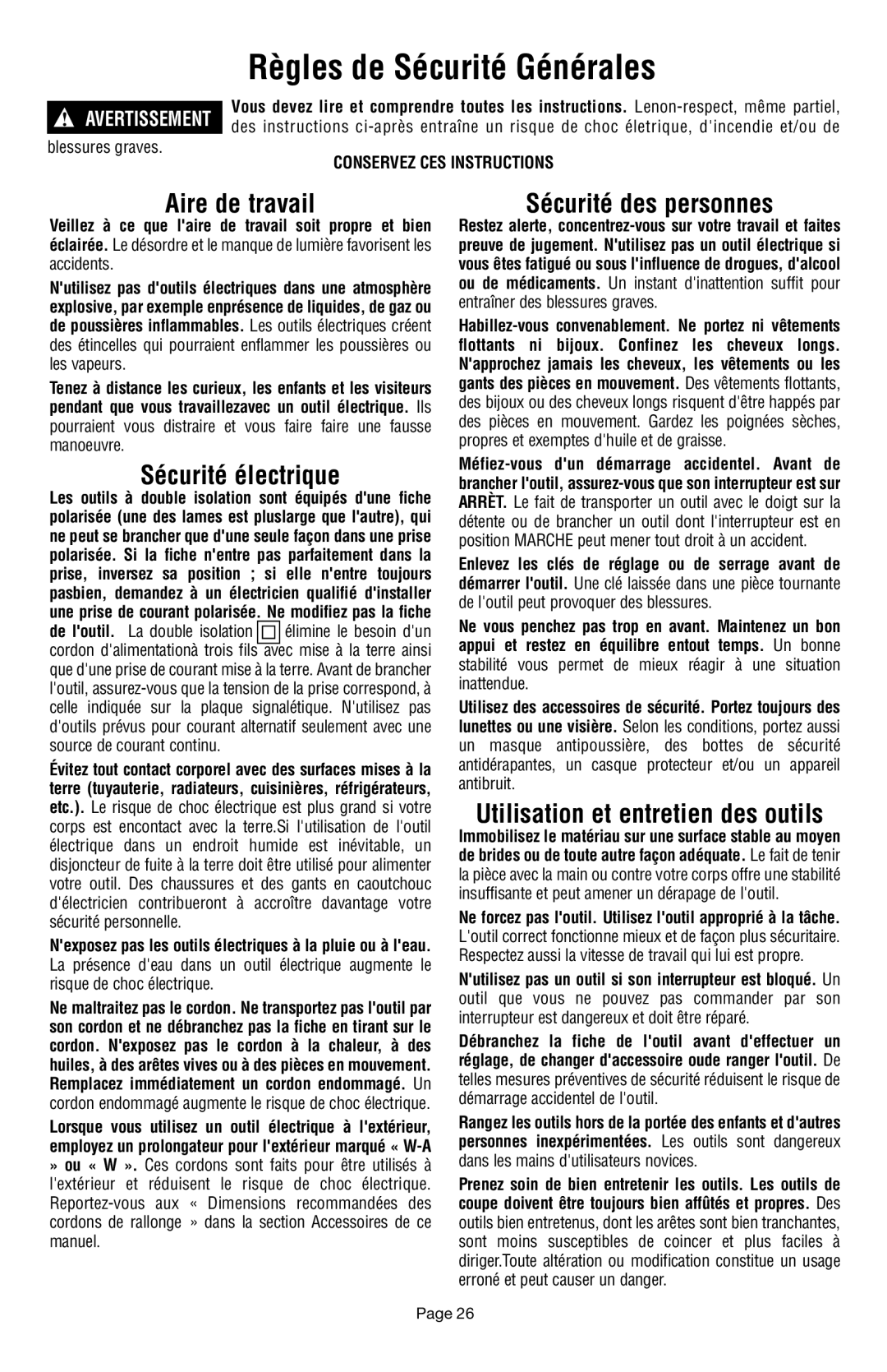 Dremel 398 owner manual Règles de Sécurité Générales, Sécurité des personnes, Blessures graves 