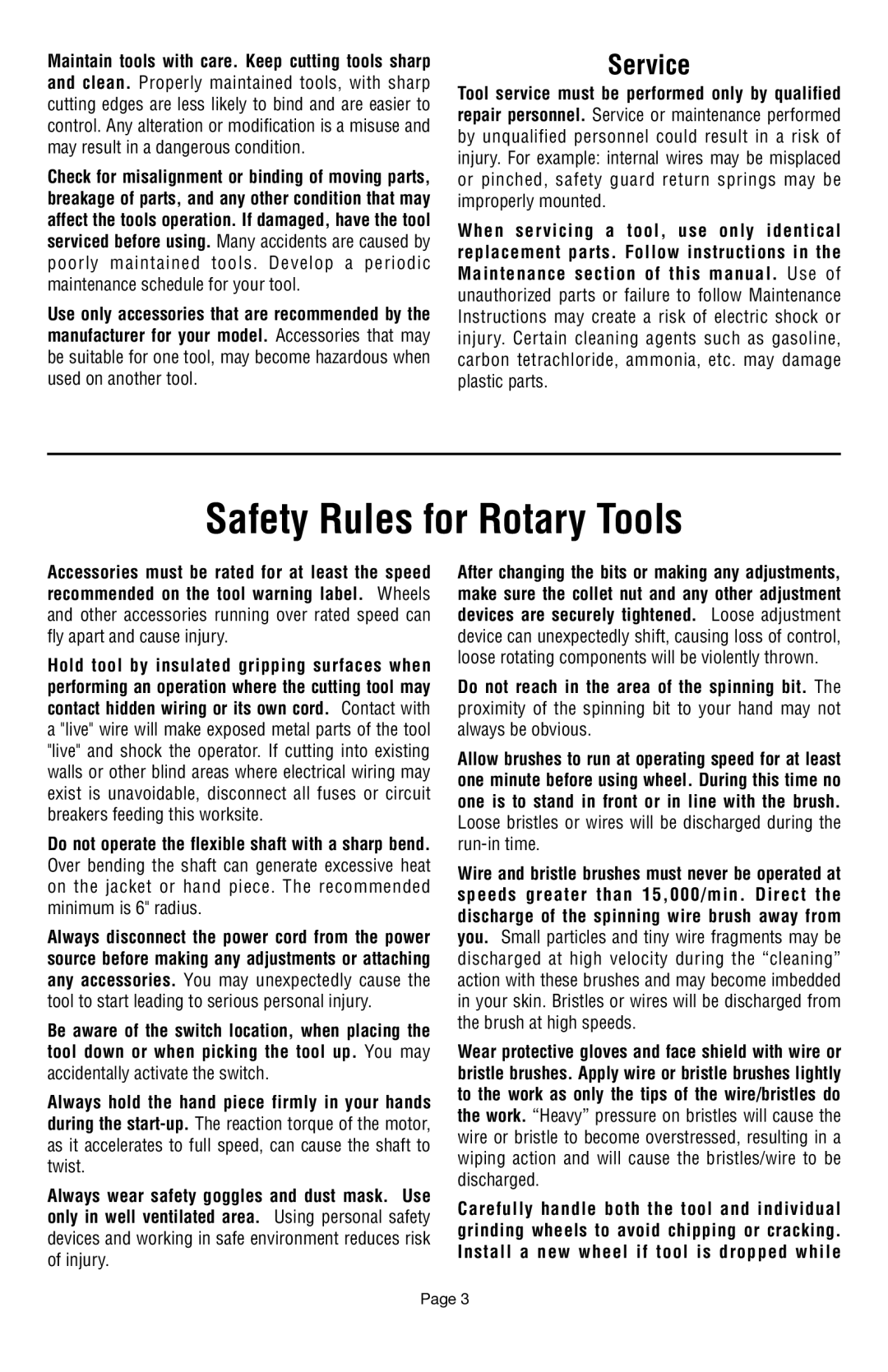 Dremel 398 owner manual Safety Rules for Rotary Tools, Service 