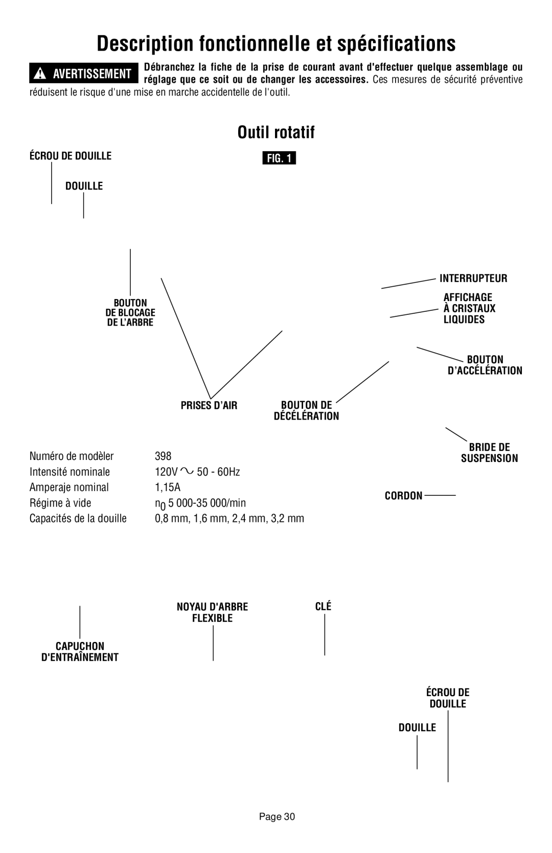 Dremel 398 owner manual Description fonctionnelle et spécifications, Outil rotatif 