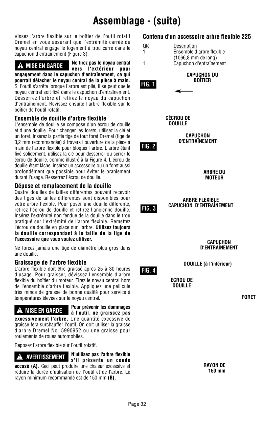 Dremel 398 owner manual Assemblage suite, Contenu dun accessoire arbre flexible, Ensemble de douille darbre flexible 
