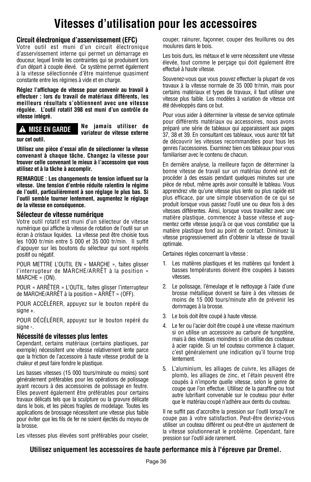 Dremel 398 owner manual Vitesses d’utilisation pour les accessoires, Circuit électronique d’asservissement EFC 