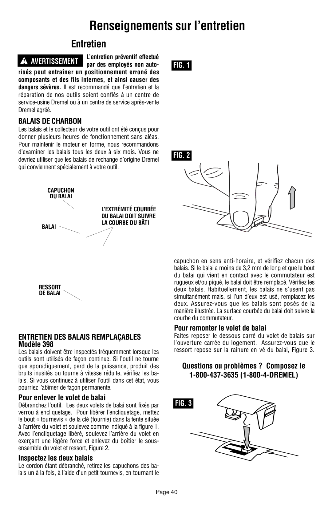 Dremel 398 owner manual Renseignements sur l’entretien, Entretien, Balais DE Charbon 